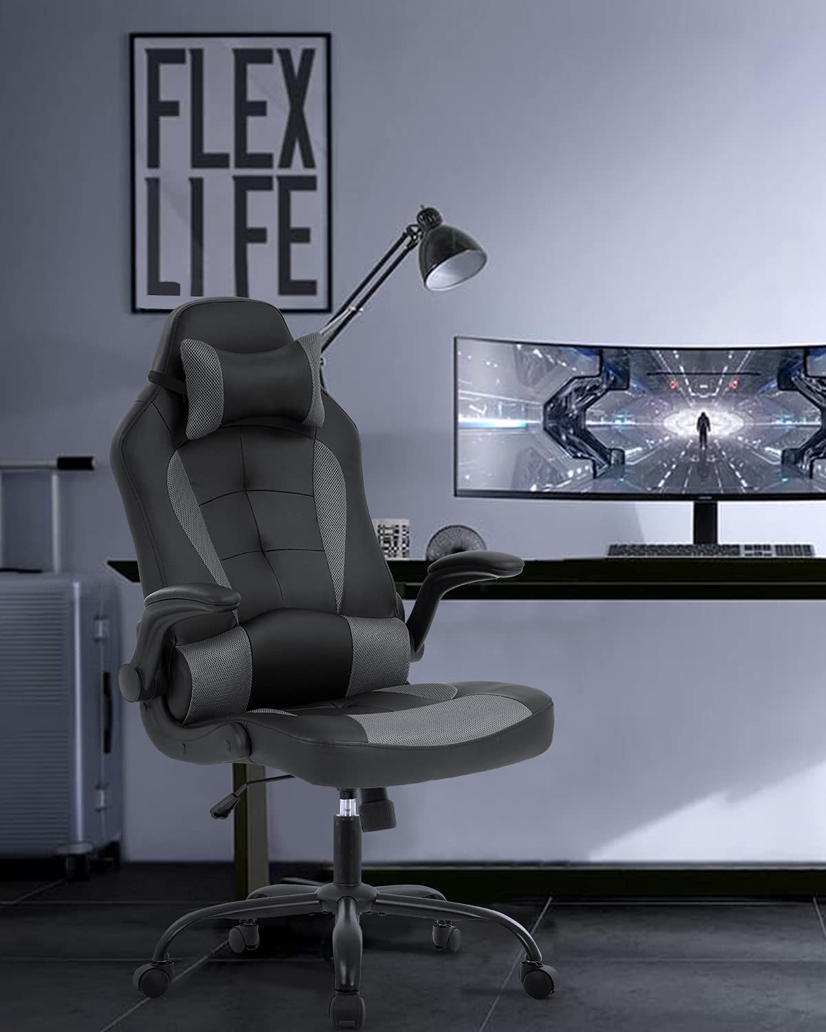 Ergonomic Gaming Chair - High Back PU Leather Office Chair with Adjustable Armrests, Headrest & Lumbar Support - Comfortable Computer Desk Chair for PC Gamers & Home Office Workers (Grey) - Perfect for Long Gaming Sessions, Remote Work & Streaming Setup