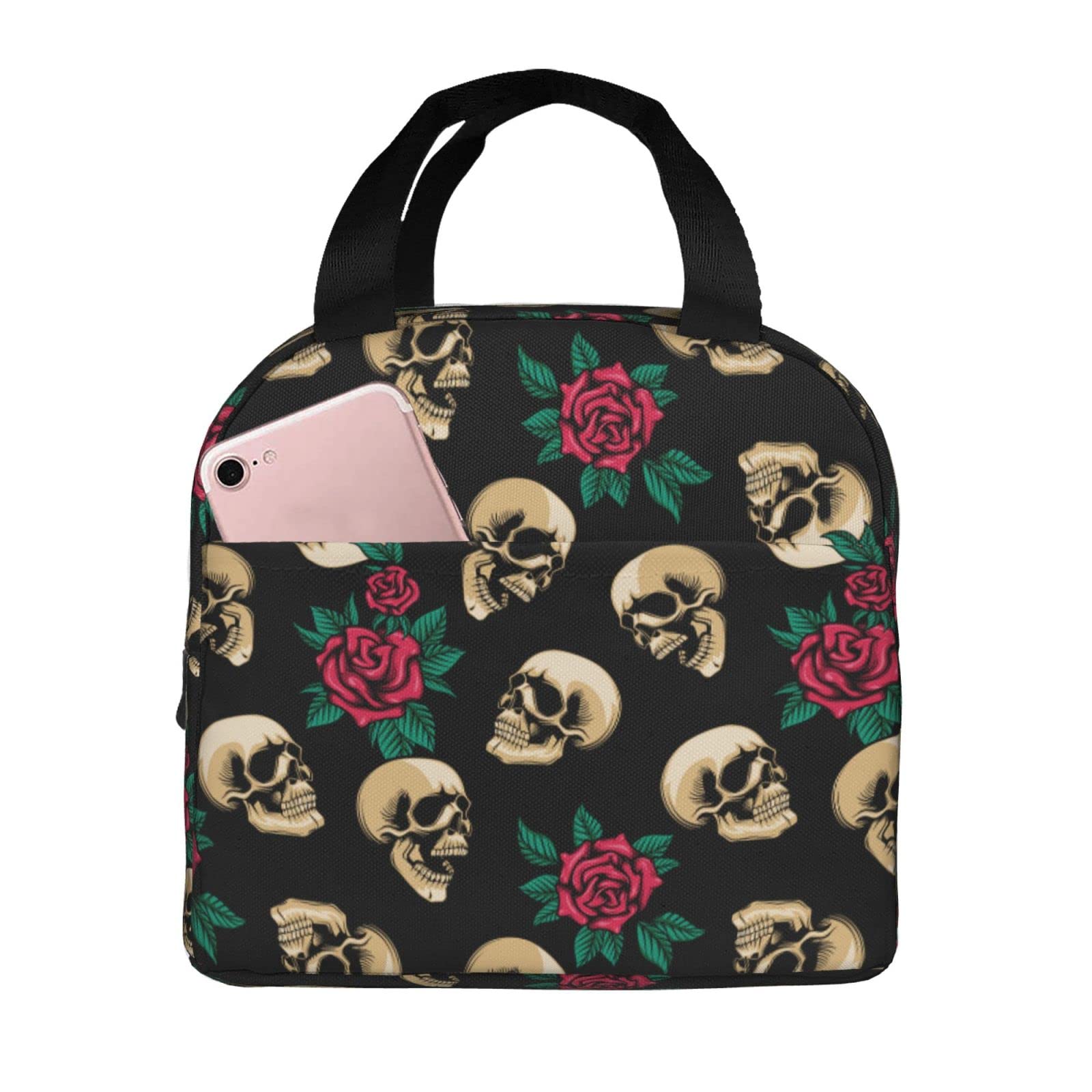 Stylish Rose Flower Skull Insulated Lunch Bag for Women - Reusable Leakproof Lunch Box & Cooler Tote - Perfect for Work, Office, School & Picnics