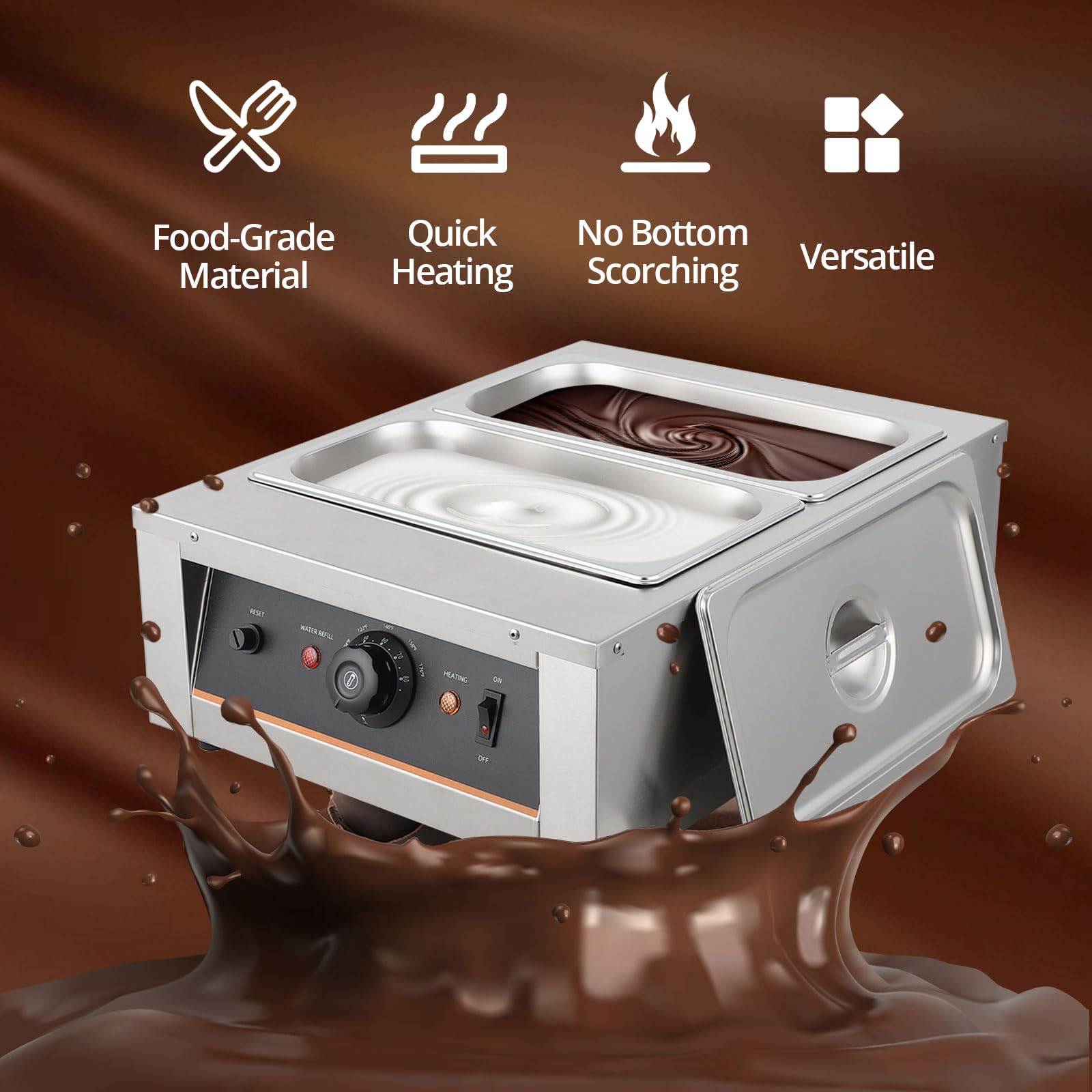 Professional Chocolate Tempering Machine - 3.3L Dual Tanks, 18 Lbs Capacity, Precise Temperature Control 86~176℉, 1500W Stainless Steel Electric Chocolate Melter for Candy Making, Baking, and Dessert Preparation - Perfect for Chocolatiers, Bakeries, and Home Chefs