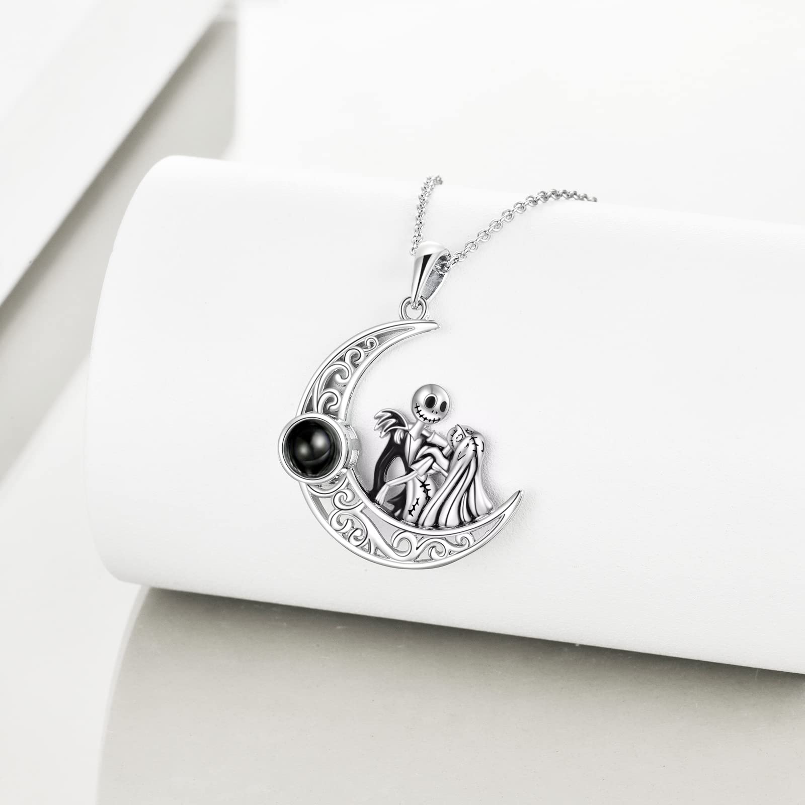 LILALO Nightmare Before Christmas Necklace - 925 Sterling Silver Jack & Sally Pendant with Zero Charm - Gothic Jewelry for Halloween, Cosplay, and Gift Giving