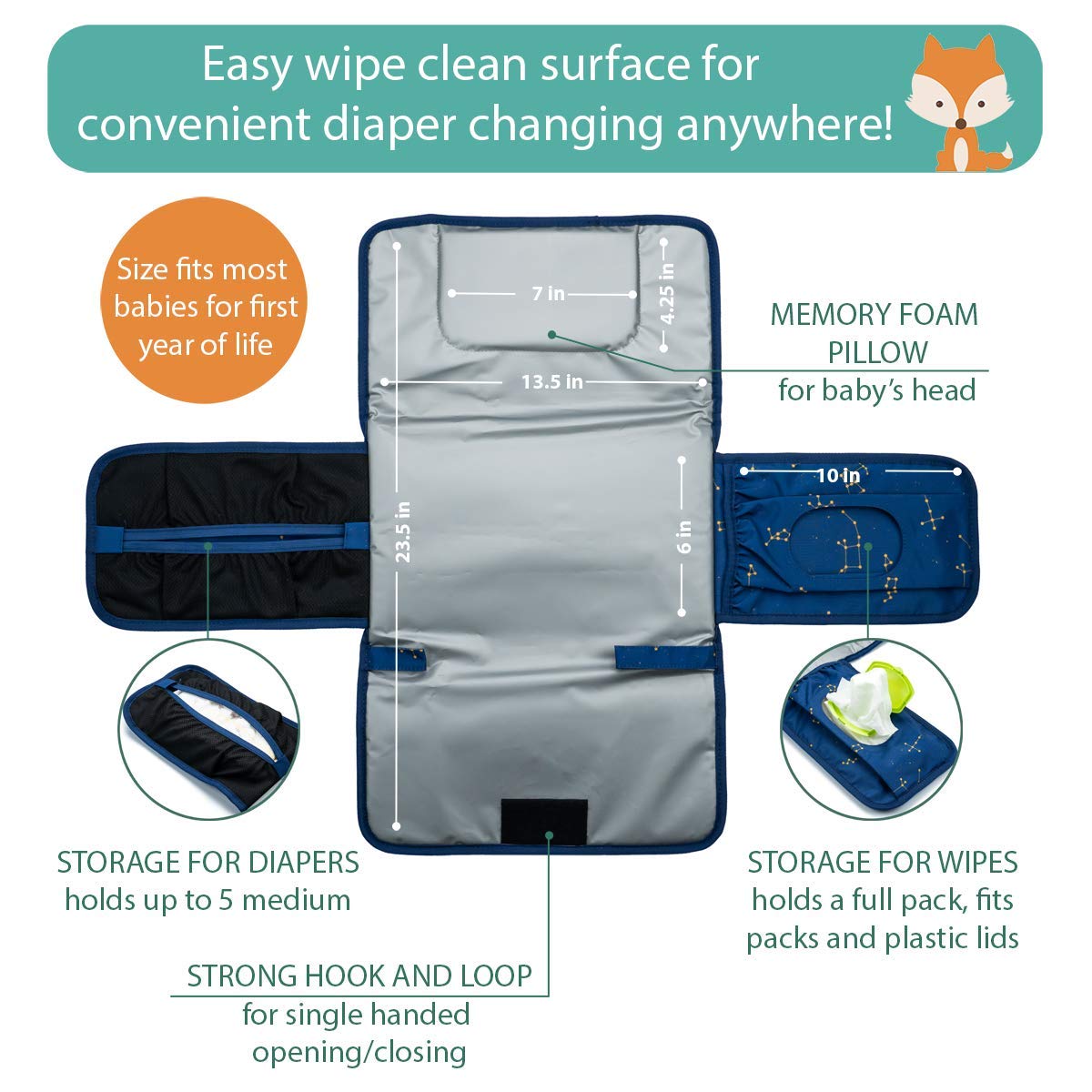 Lil Fox Portable Baby Changing Pad - Waterproof Diaper Changing Mat for Travel, Nursery & On-the-Go | Ideal for Diaper Bags & Changing Tables | Perfect Baby Shower Gift & Newborn Essential | Unisex Baby Care Accessory for Home, Park & Road Trips