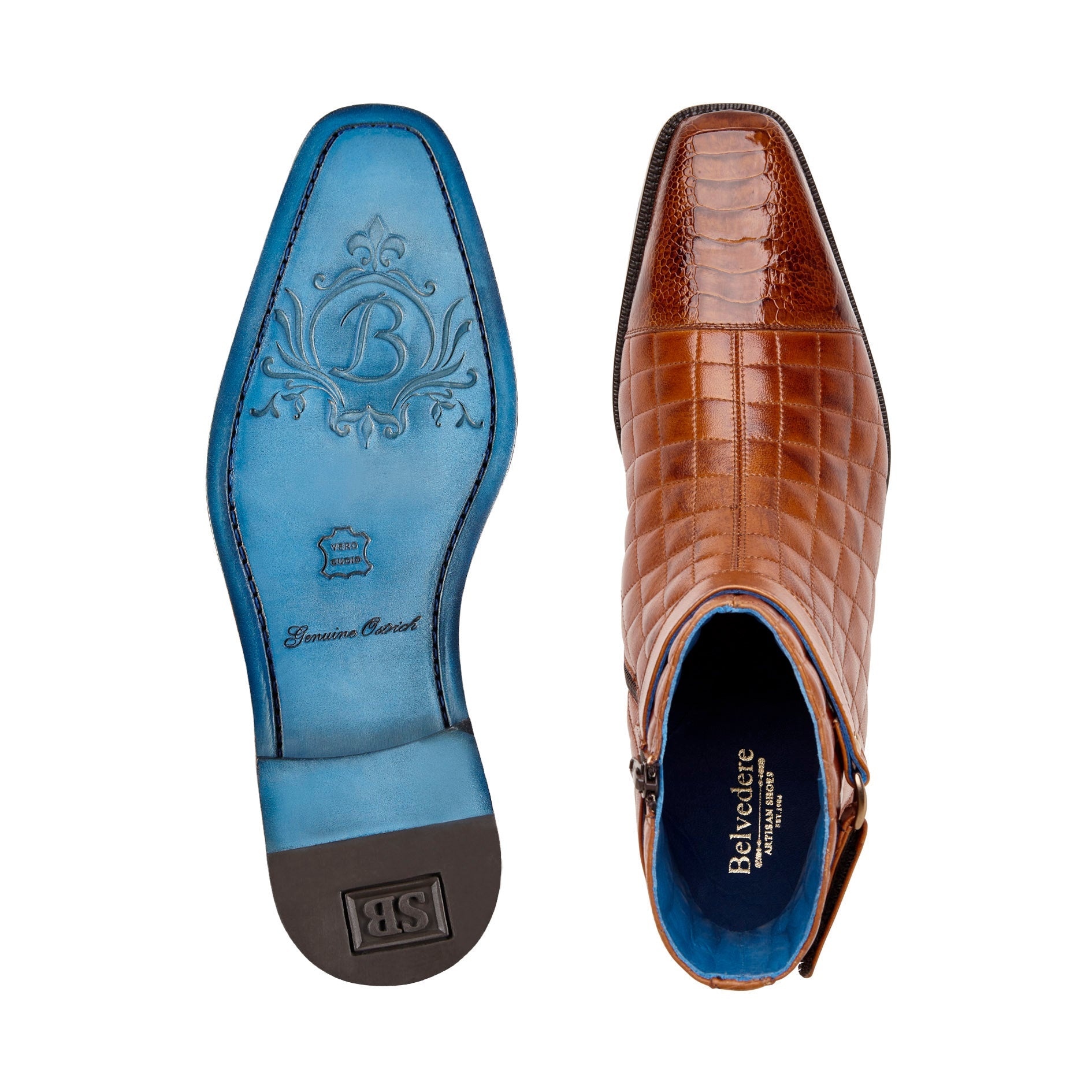Belvedere Libero Genuine Ostrich Leg & Quilted Leather Boots - Antique Almond R80 - Stylish Cowboy Boots for Western Wear & Country Fashion