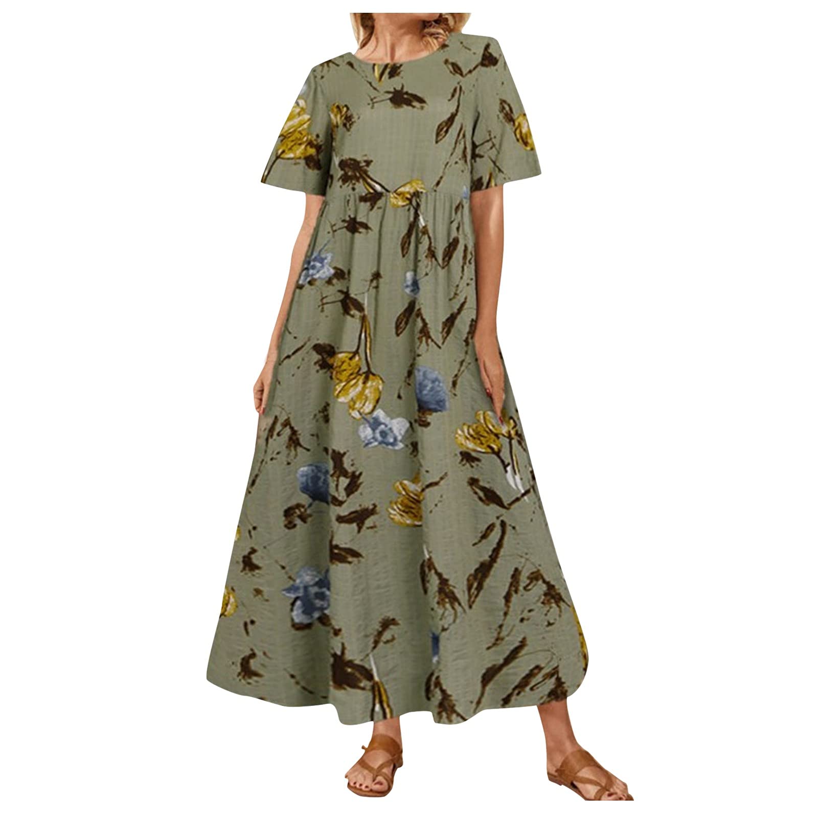 Women's Floral Print Short Sleeve Casual Dress - Loose Fit High Waist Summer Dress for Beach, Party & Everyday Wear