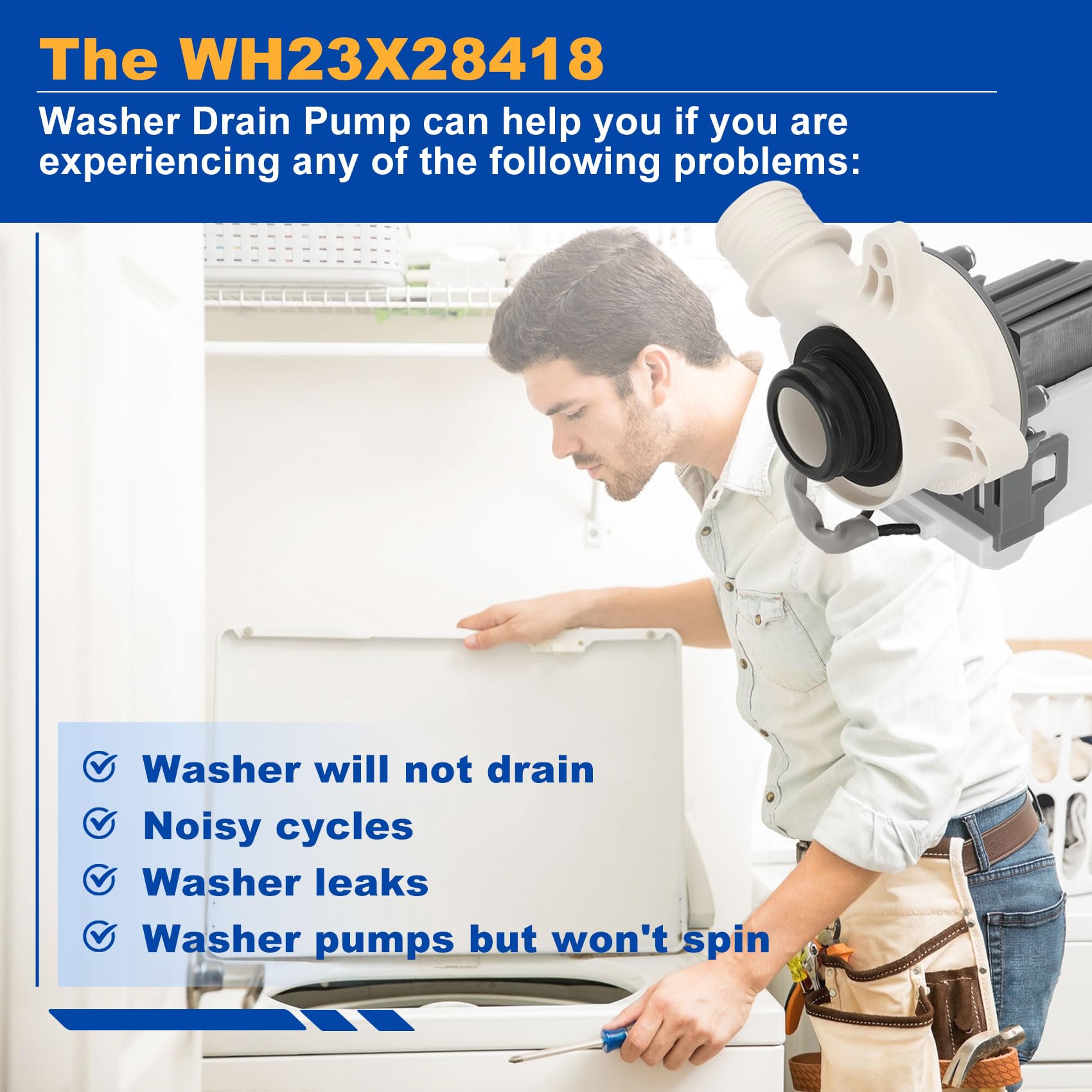 GE Hotpoint Washer Drain Pump Motor WH23X28418 - Compatible with 290D1201G003, WH23X24178, 290D1201G001, 290D1201G002, B40-3A01, B30-3A02 - Replacement for Washing Machine Drainage System - Perfect for Home Laundry Room Repairs