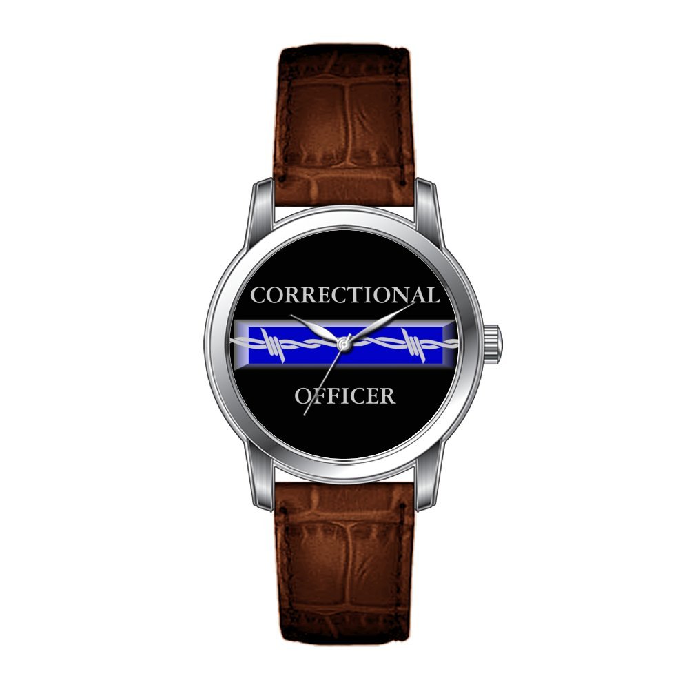Vintage Leather Watch for Men - Brown Band with Correctional Officer Logo | JLS Creative Retro Timepiece for Police, Security & Law Enforcement Professionals
