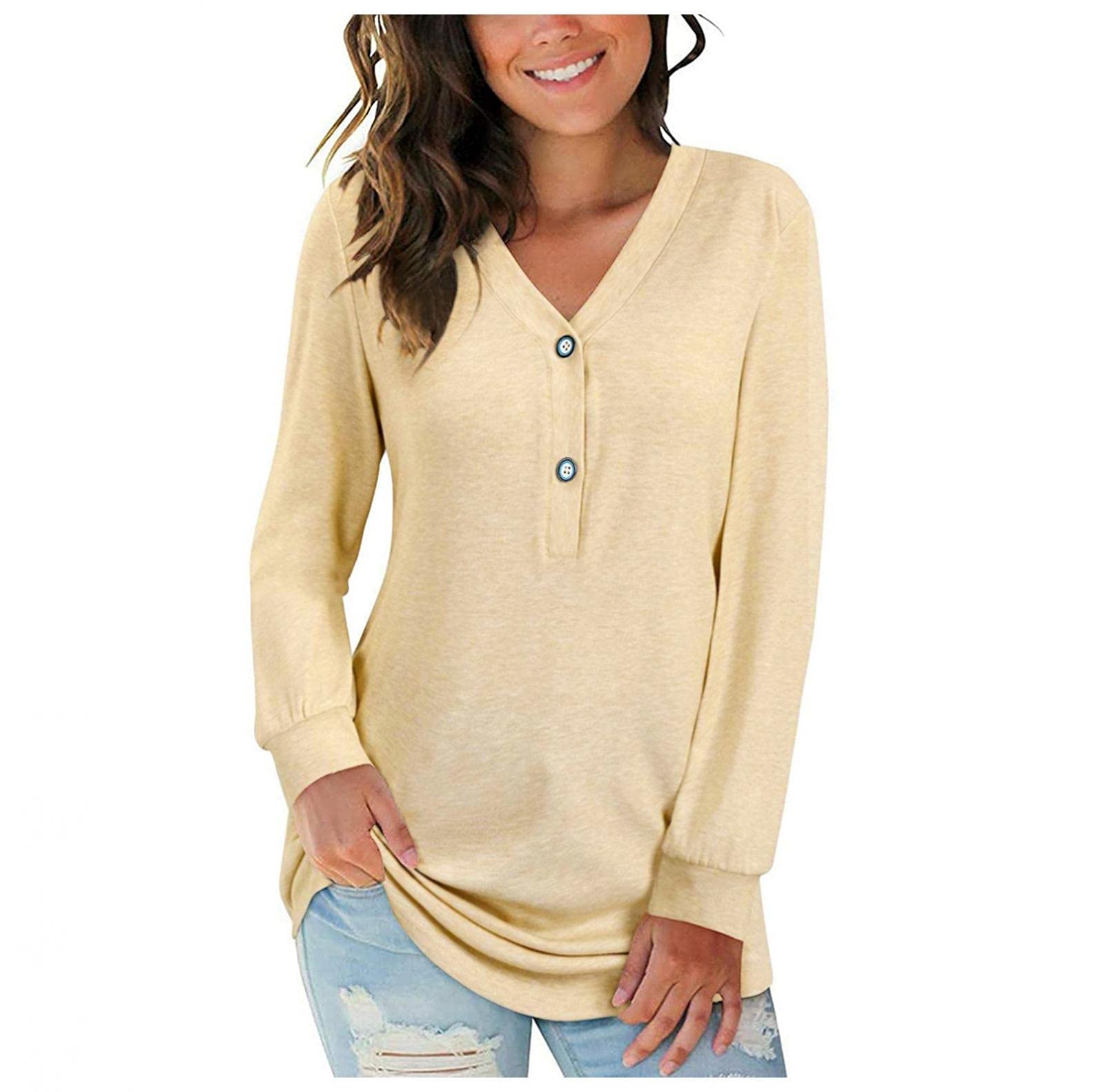Women's Long Sleeve Henley V-Neck Tunic Top - Casual Lace Button Down Blouse for Everyday Wear & Layering | Perfect for Office, Date Night & Fall Outfits