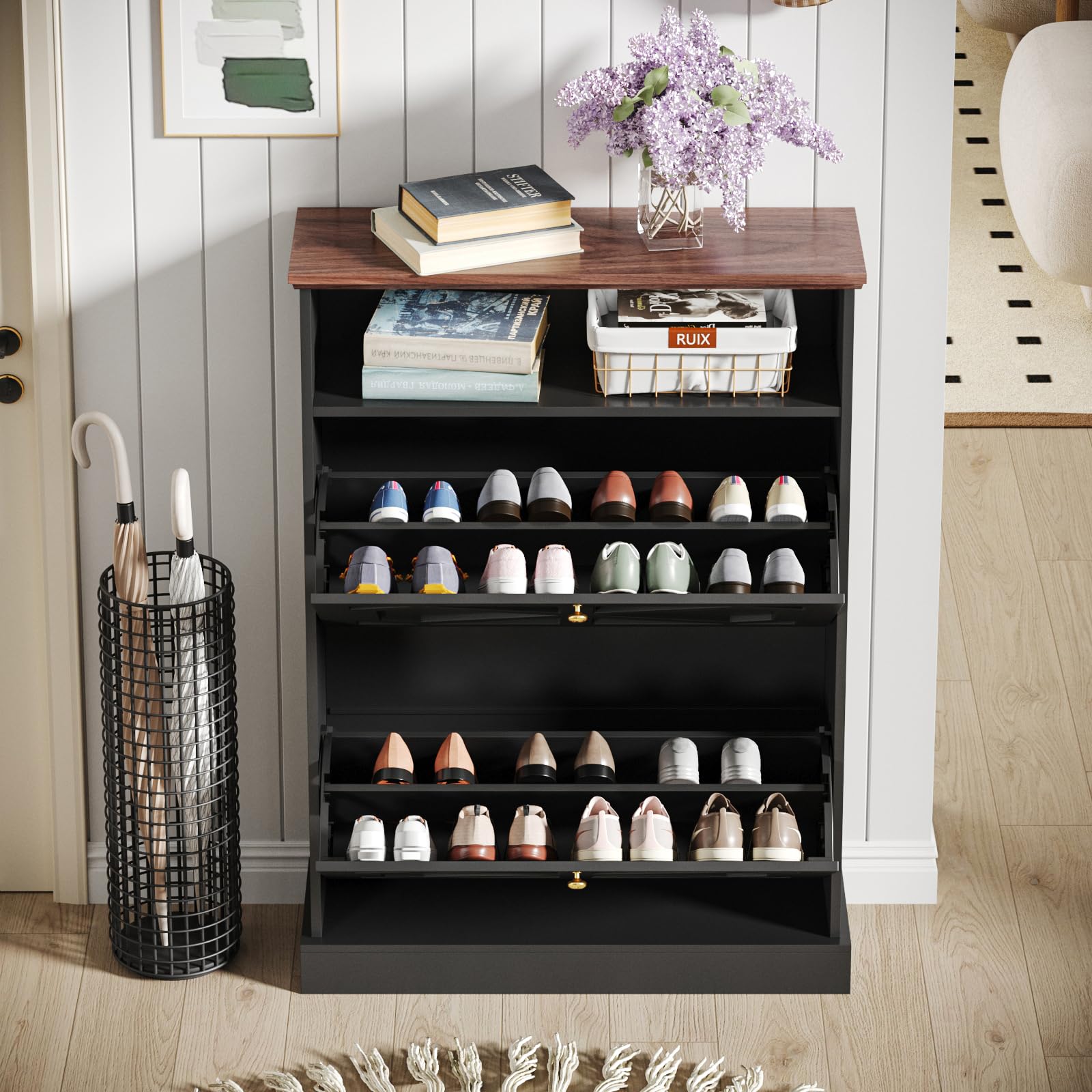 Maupvit 2-Tier Flip-Drawer Shoe Storage Cabinet - Freestanding Entryway Shoe Organizer with Open Shelves & Wooden Legs - Farmhouse Narrow Shoe Rack for Foyer, Hallway, Living Room - Perfect for Small Spaces & Home Organization (Black)