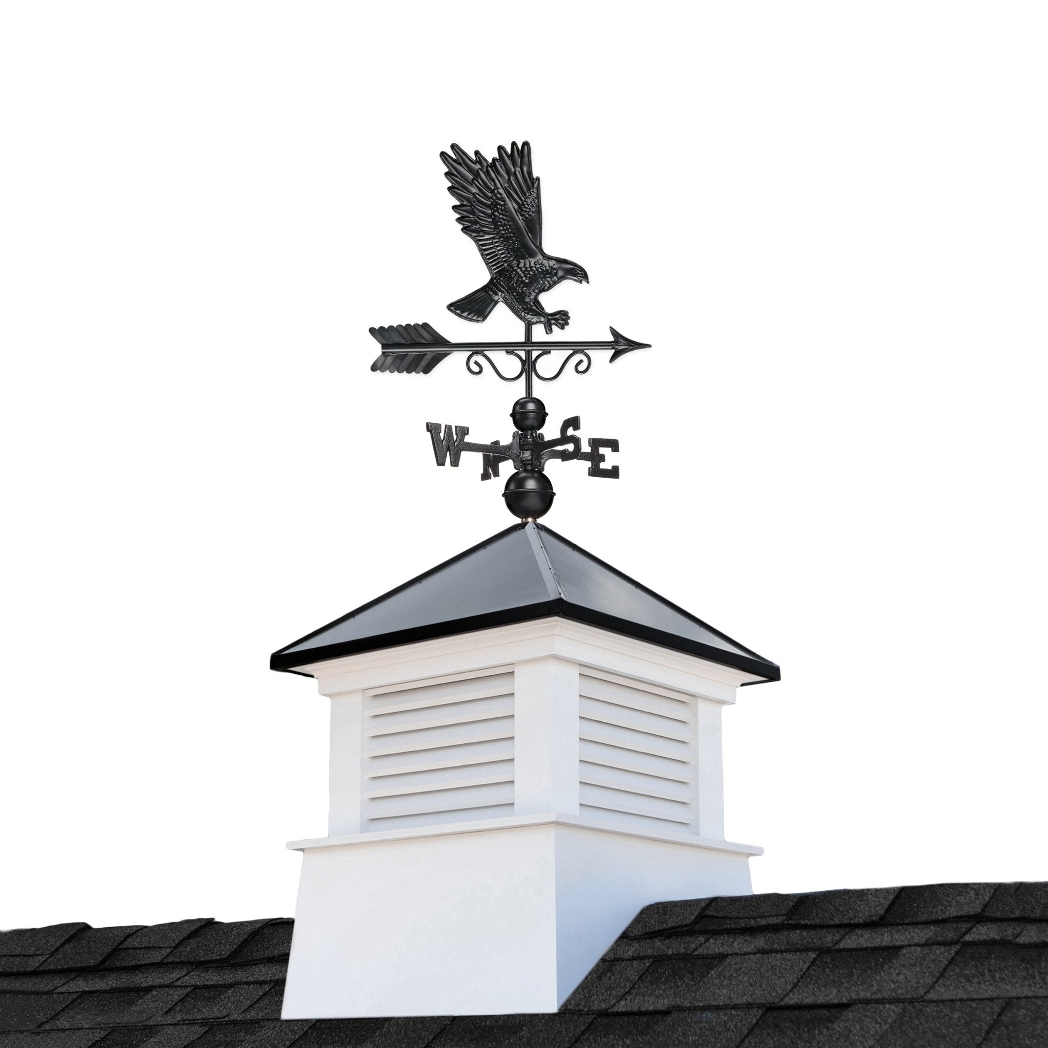 26 Square Manchester Vinyl Cupola with Black Aluminum Roof & Eagle Weathervane - Classic Barn Cupola for Farmhouse, Shed, or Garage Roof Decoration