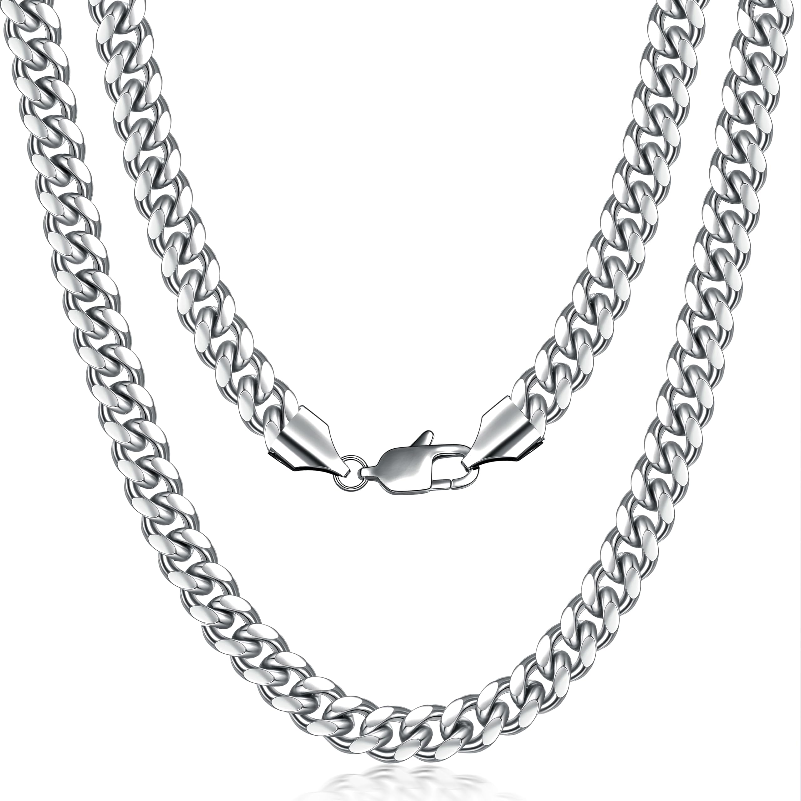 Fiusem Stainless Steel Cuban Link Chain for Men & Women - Silver Tone Necklace in 4mm, 5mm, 6mm, 8mm Widths | Durable Unisex Jewelry for Everyday Wear, Parties & Gifts