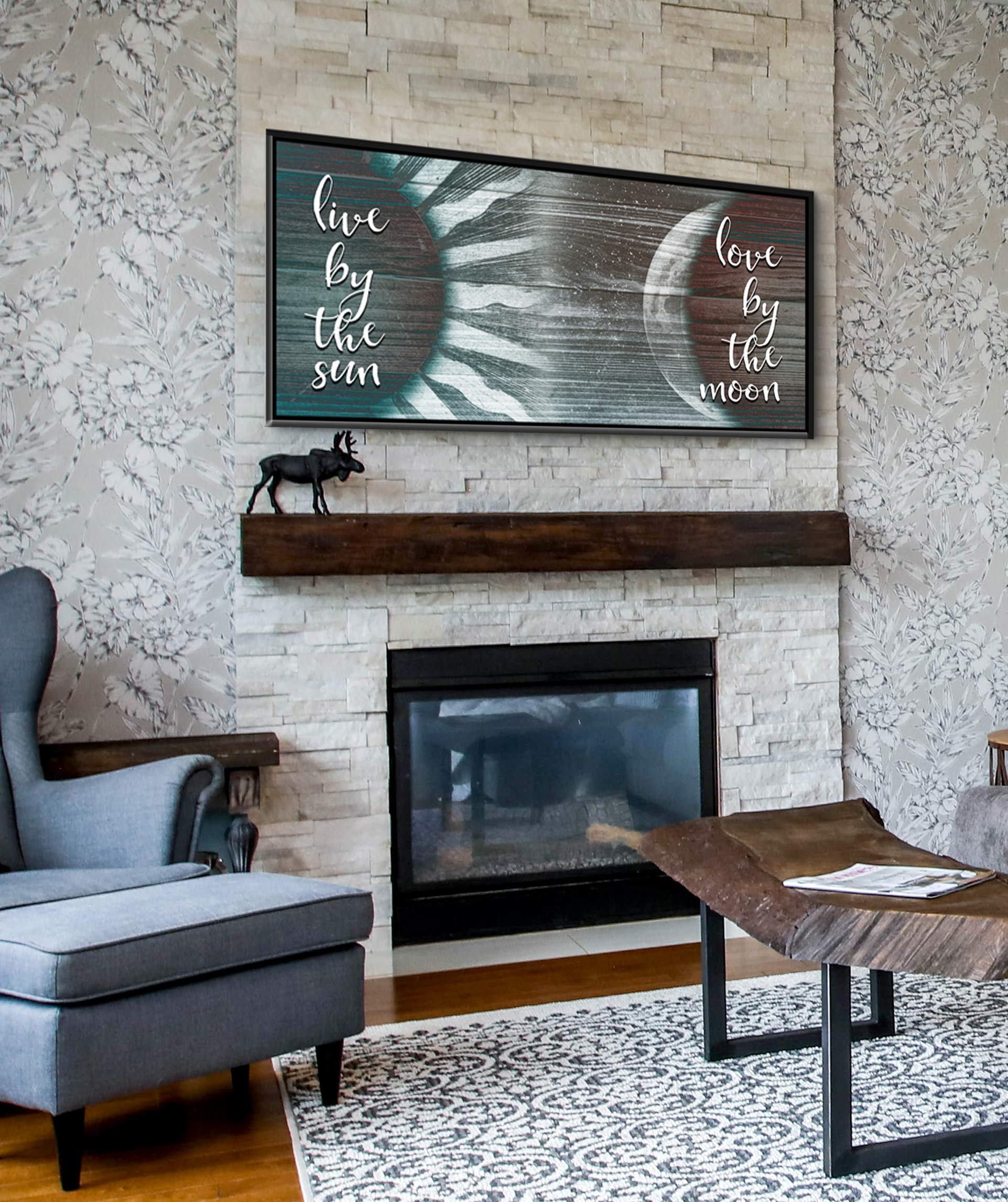 Live By The Sun Love By The Moon Framed Wall Art Canvas - Earth Tone Black Floating Frame 42x19 - Romantic Bedroom Decor for Couples, Large Sun and Moon Wall Decor - Perfect for Wedding Gifts & Home Decoration