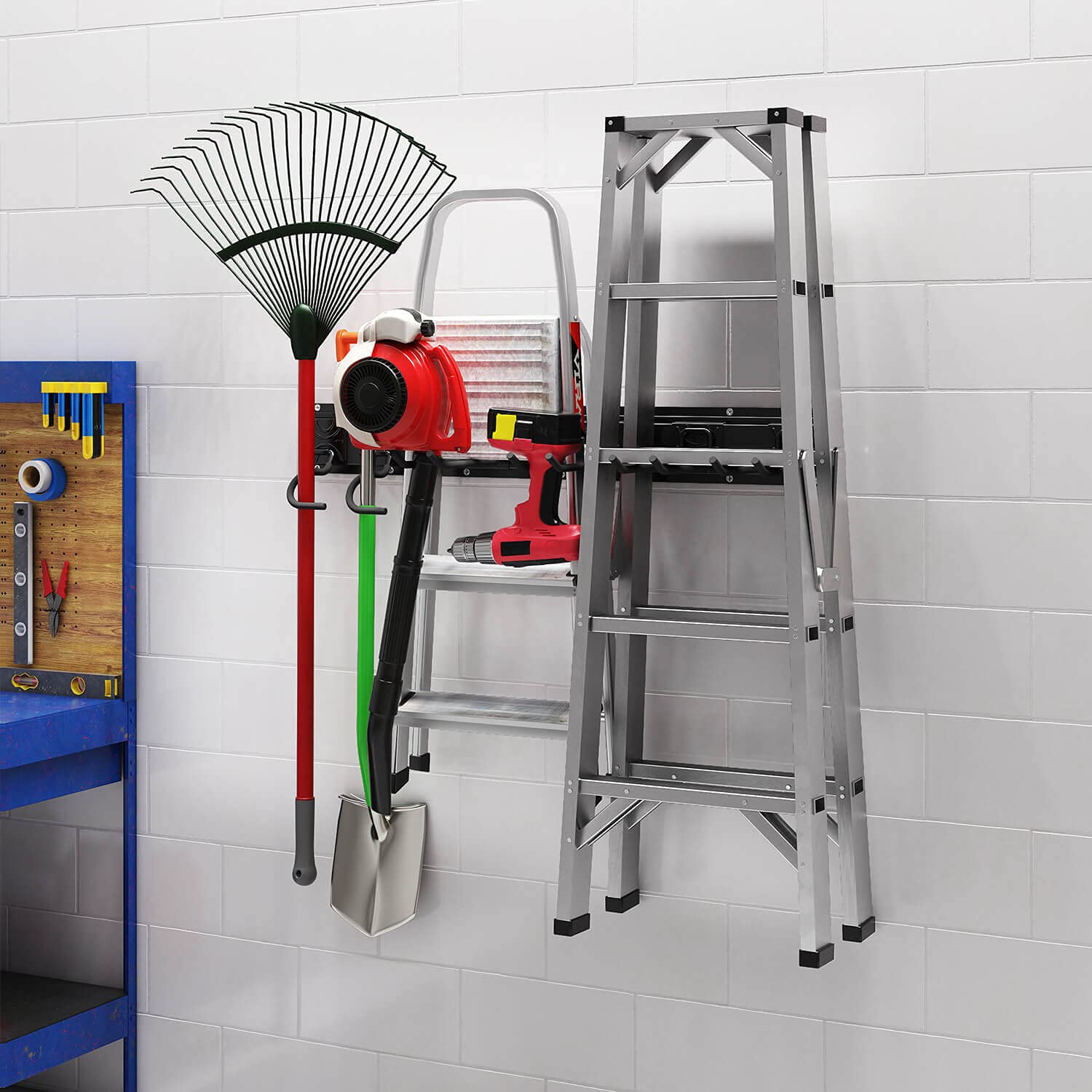 Godboat Garage Storage Wall Mount - 6 Hooks Heavy Duty Tool Organizer (32 Inch) for Yard Tools, Water Hose & Garden Equipment - 550lbs Max Load - Perfect for Garage Organization & Father's Day Gifts - Ideal for DIY Projects, Home Improvement & Outdoor Storage Solutions