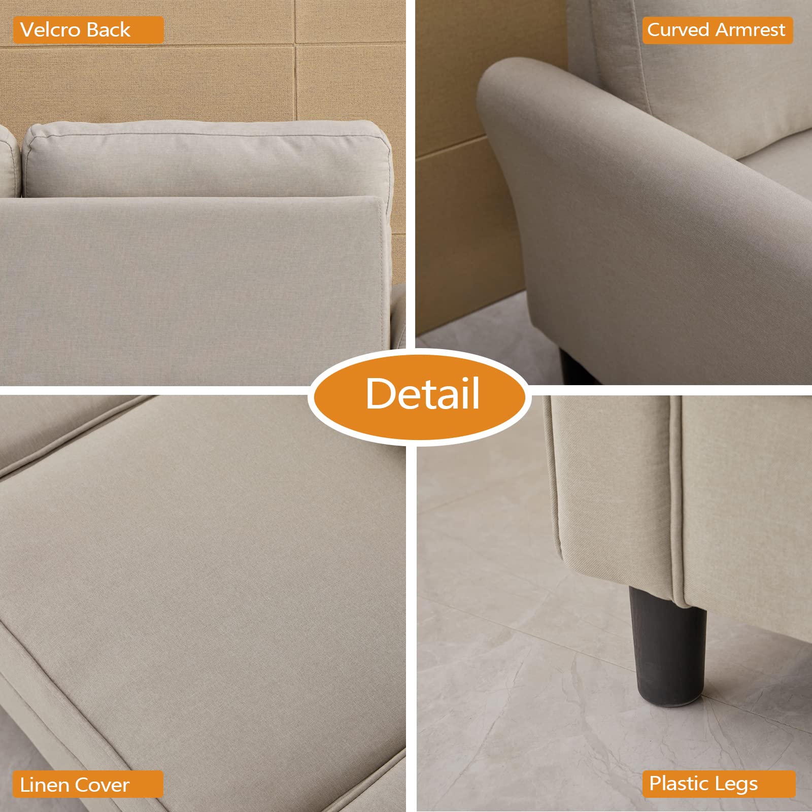 Modern Linen Sofa & Loveseat Set 2-Piece Couch Set for Living Room, Office, Bedroom - Beige | Comfortable Sectional Sofa for Small Spaces, Apartment Furniture, Home Decor