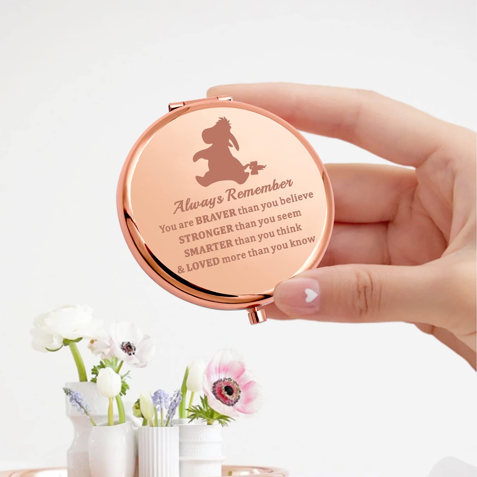 KEYCHIN Donkey Pocket Mirror - Inspirational Compact Mirror with 'You Are Braver Stronger Smarter' Quote - Perfect Gift for Donkey Fans & Self-Confidence Boost - Portable Makeup Mirror for Travel, Purse, and Daily Use
