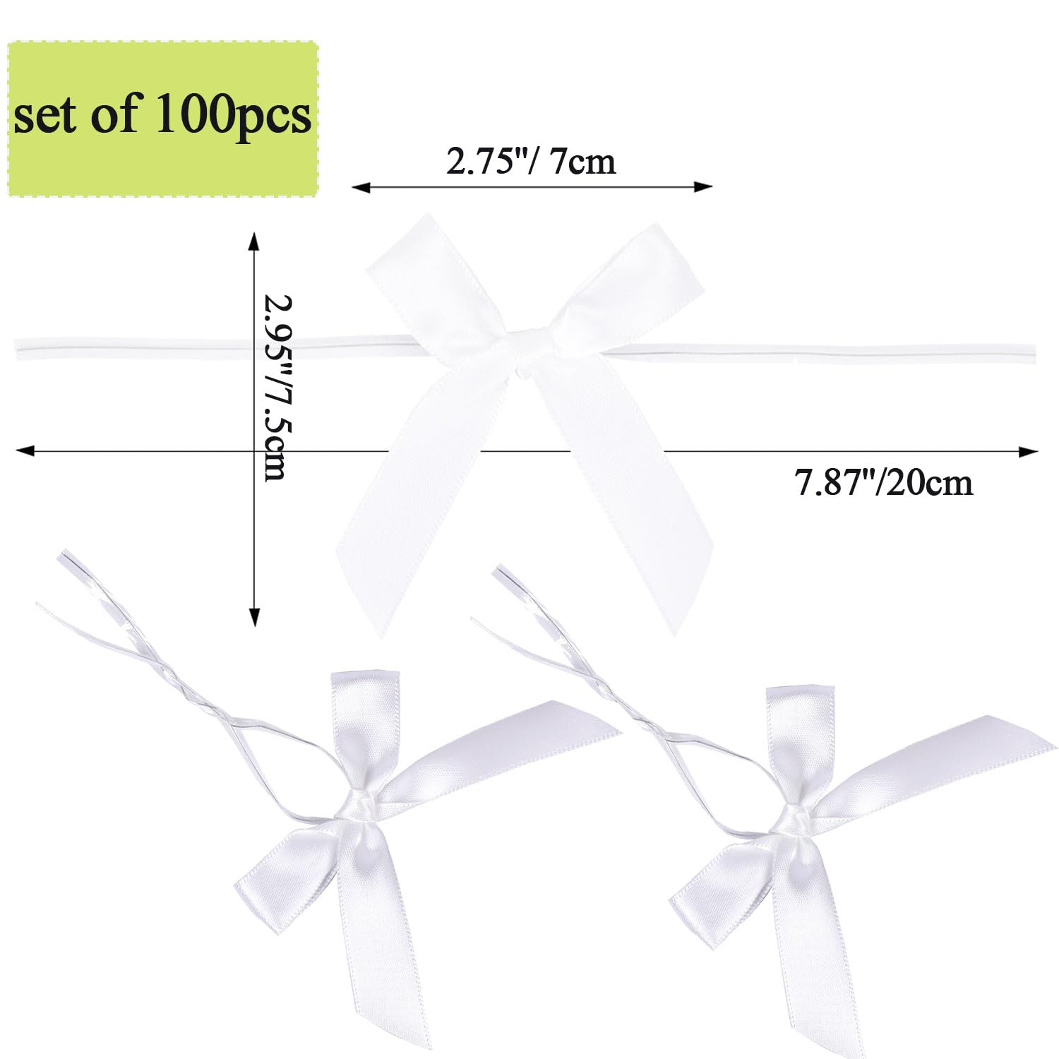 100 Pack White Pre-Tied Satin Twist Tie Bows for Christmas Treat Bags, Candy & Apple Packaging, DIY Decorations - Perfect for Holiday Gifts, Party Favors & Craft Projects