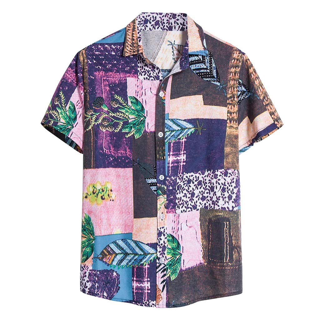 VEKDONE Men's Casual Short Sleeve Button Down Shirt - Hippie Style Vertical Striped Poplin T-Shirt for Summer Beach, Music Festivals & Outdoor Activities