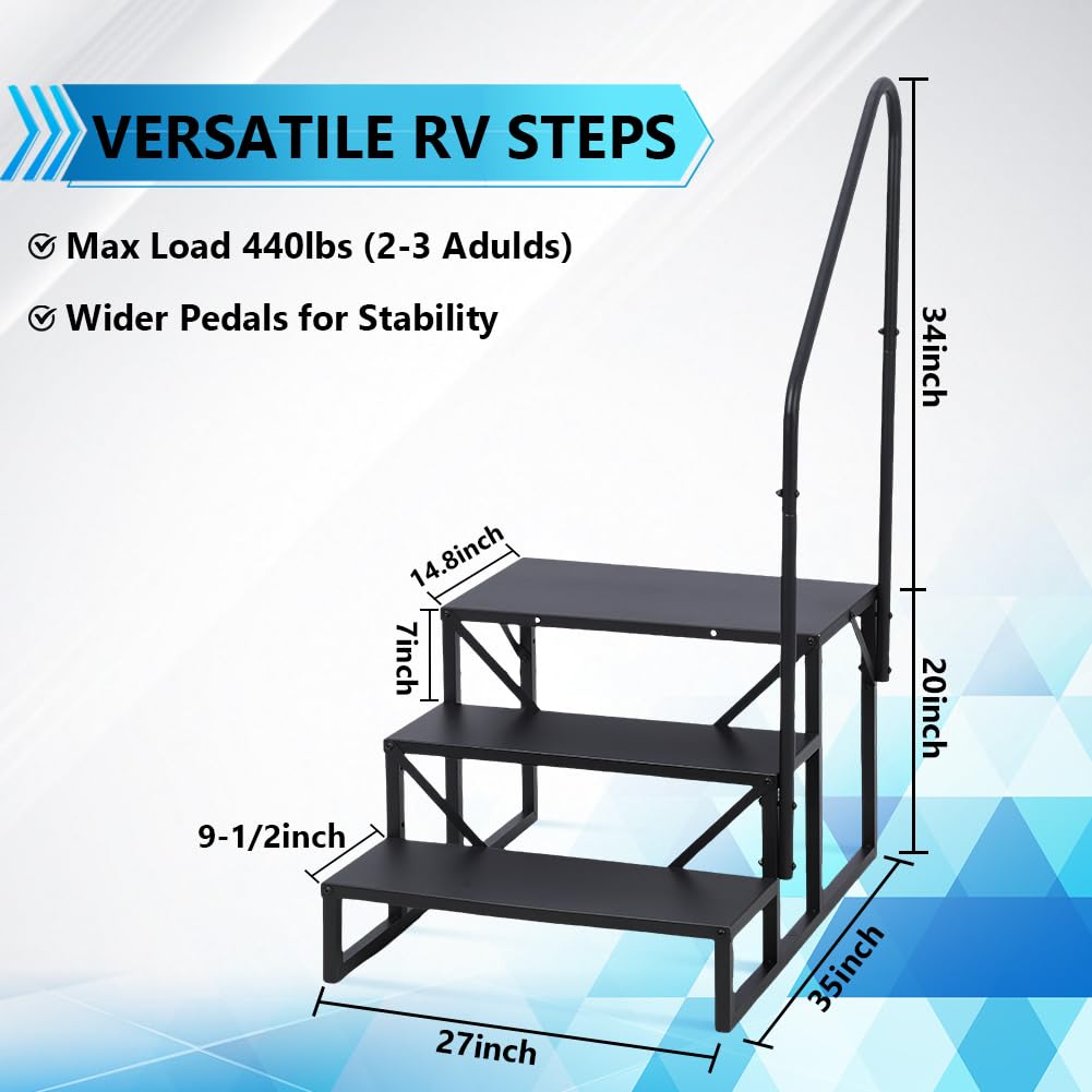 RV 3-Step Stairs with Handrail | Heavy Duty Metal Hot Tub Steps | Portable Stairs for RV & Mobile Homes | Indoor/Outdoor Pool Access Steps for Safe Entry & Exit