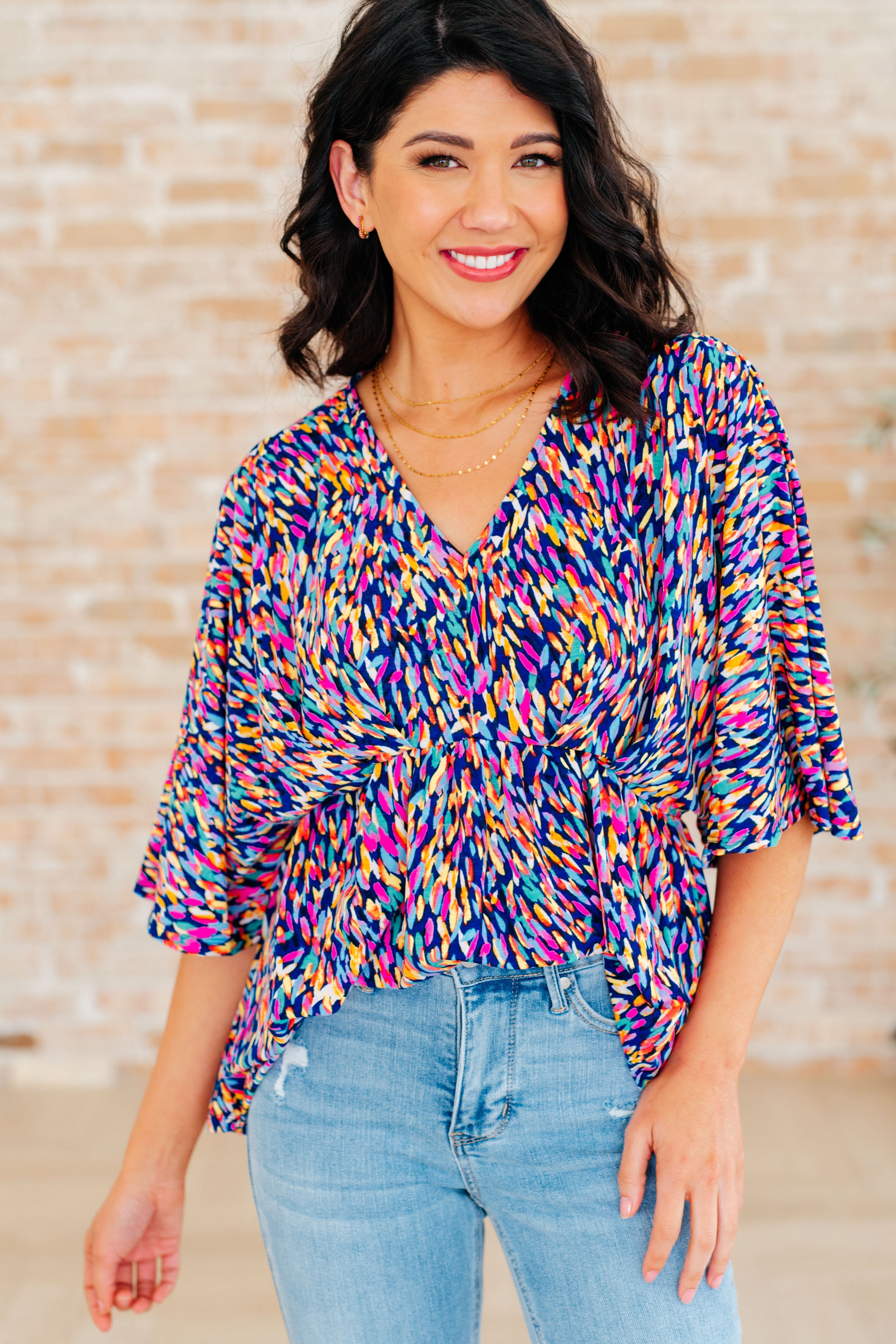 Dreamer Peplum Top in Painted Royal Multi - Flowy Women's Blouse for Casual Wear, Office & Date Night Outfits