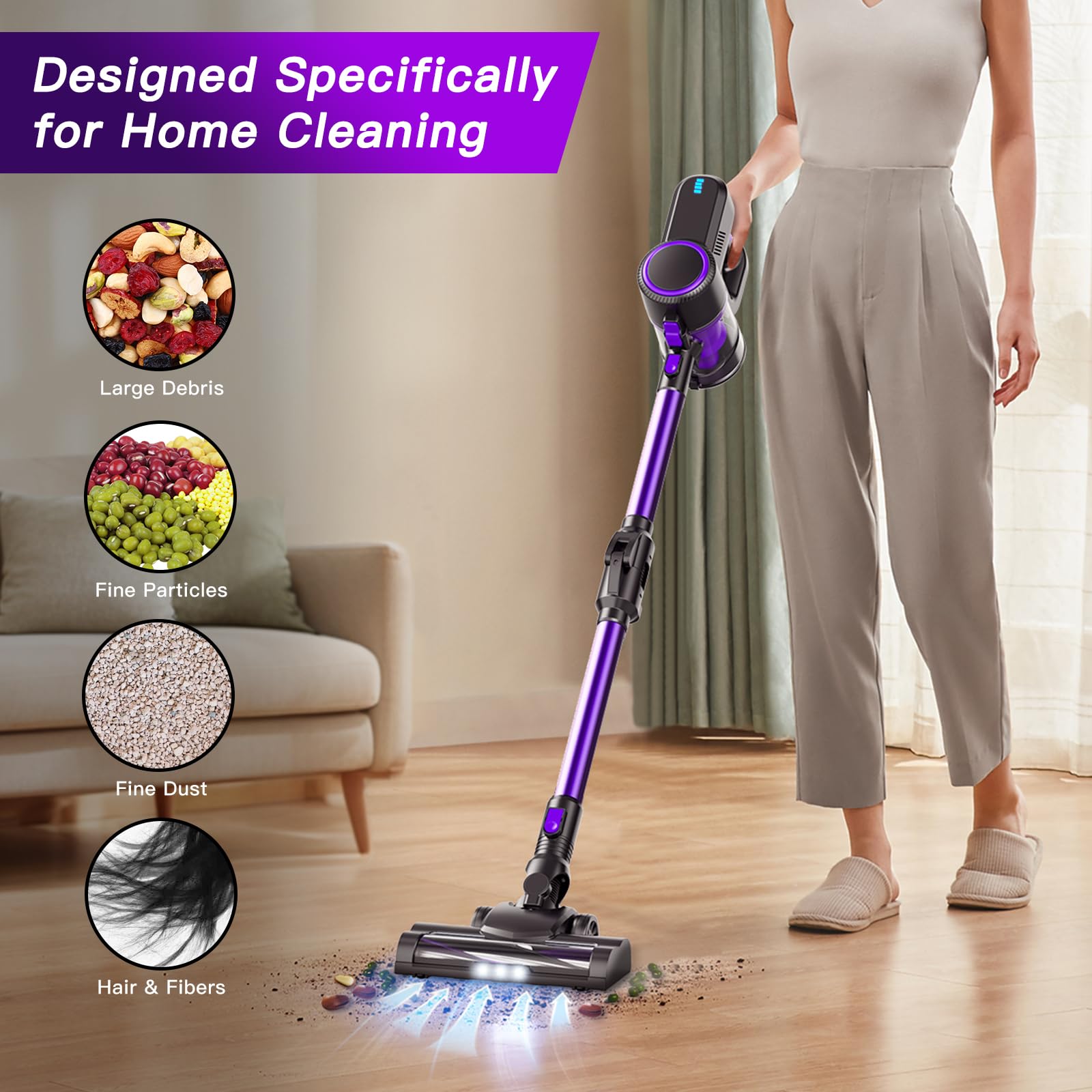 Lightweight Cordless Stick Vacuum Cleaner - 6-in-1 Rechargeable Handheld Vacuum with Bendable Wand, 2 Speed Modes for Hard Floors, Carpets & Cars | Perfect for Quick Home Cleaning & Pet Hair Removal (Black & Purple)