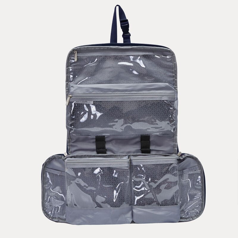 Travelon Flat Out Hanging Toiletry Kit - Waterproof Travel Cosmetic Bag with Hooks for Bathroom Organization (Midnight Black) - Perfect for Camping, Gym & Airplane Carry On