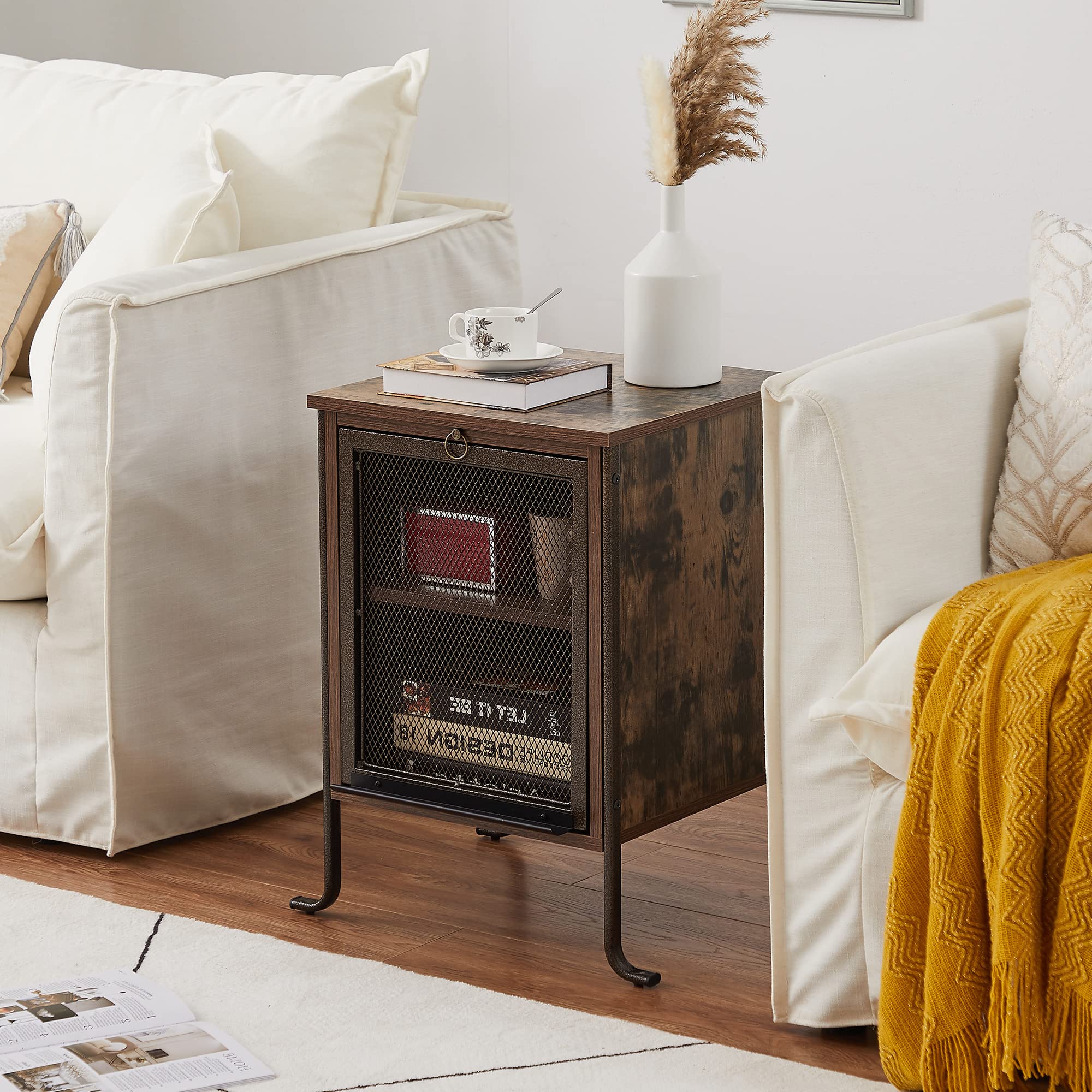 VECELO Rustic Brown Side Table with Pull-Out Tray & 2-Tier Storage Shelf - Compact End Table for Small Spaces, Bedroom Nightstand or Chairside Table - Sturdy Steel Frame for Living Room, Office & Dorm Use
