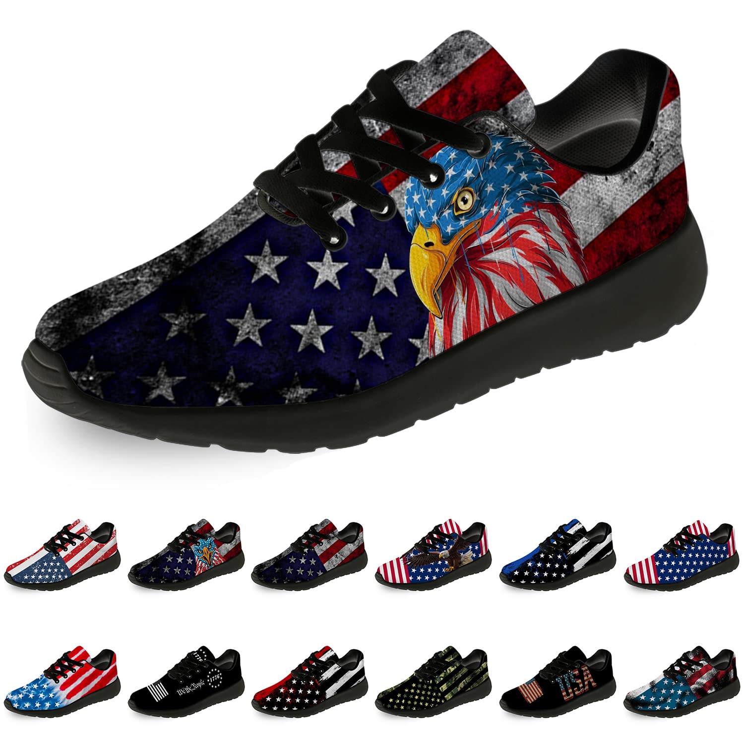 **American Flag Patriotic Sneakers for Men & Women - USA Flag Eagle Printed Running Walking Tennis Shoes - Comfortable Athletic Shoes for Outdoor Sports & Casual Wear - Size 10.5 Men/12 Women Black**