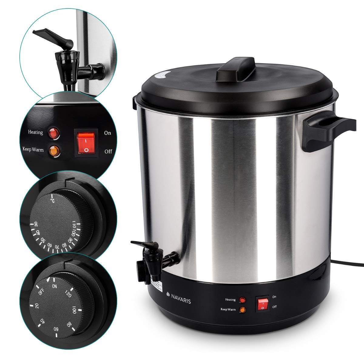 Electric Navaris 27L Jar Sterilizer - Stainless Steel Hot Wine Machine & Beverage Dispenser with Timer - Perfect for Home Brewing, Canning, and Party Drinks