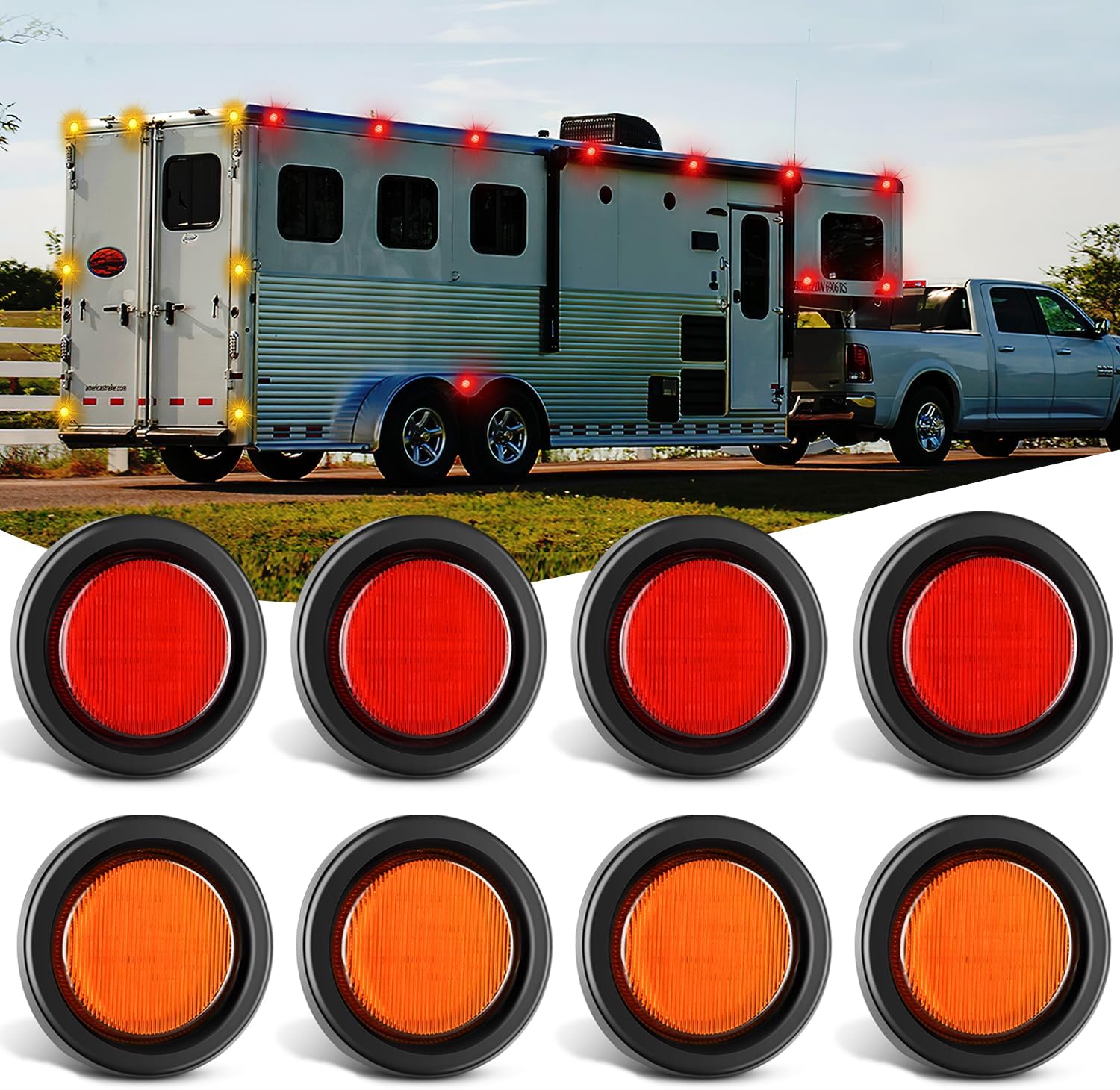 2.5 Inch Amber Red 13 LED Round Marker Clearance Lights - 8 Pack for Trucks, Trailers, Boats & Off-Road Vehicles - Waterproof & Durable for Outdoor Use