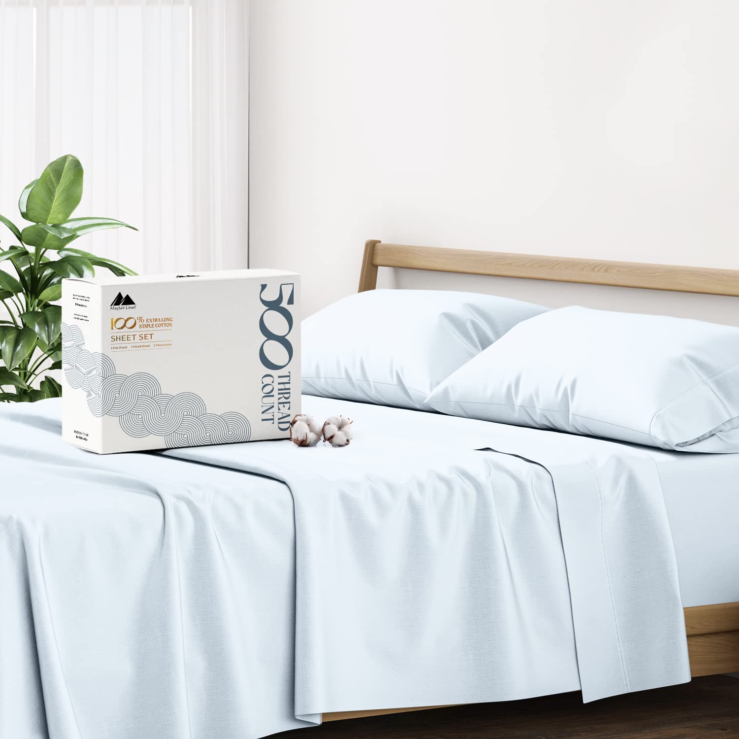 Mayfair Linen 100% Cotton Queen Size Bed Sheet Set - 4 PC 500 Thread Count Sateen Sheets (Light Blue) | Ultra Soft, Cooling & Breathable | Hotel Quality Deep Pocket (16