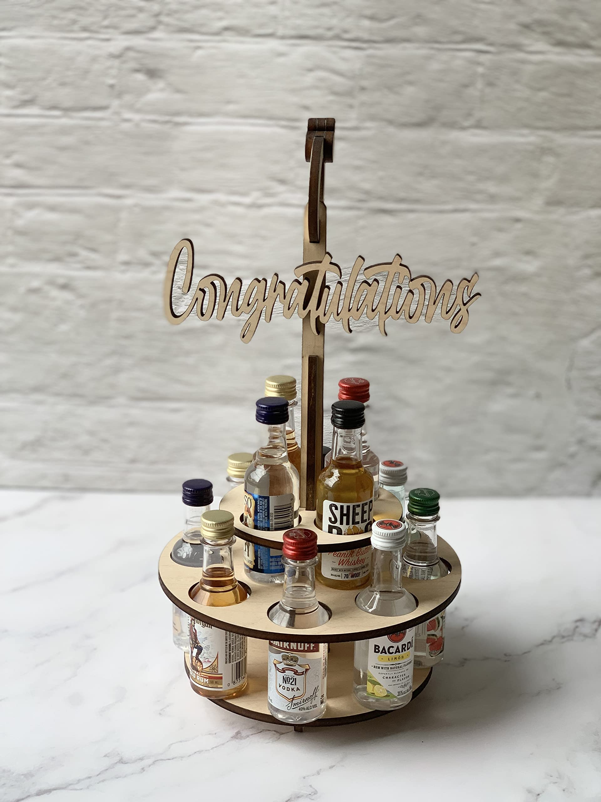 Mini Liquor Bottle Two-Tier Wooden Cake Stand for Alcohol Celebration & Birthday Parties - Holds 12 Round Bottles (Bottles Not Included) - Perfect for Wedding Toppers, Bachelor Parties & Bar Decor