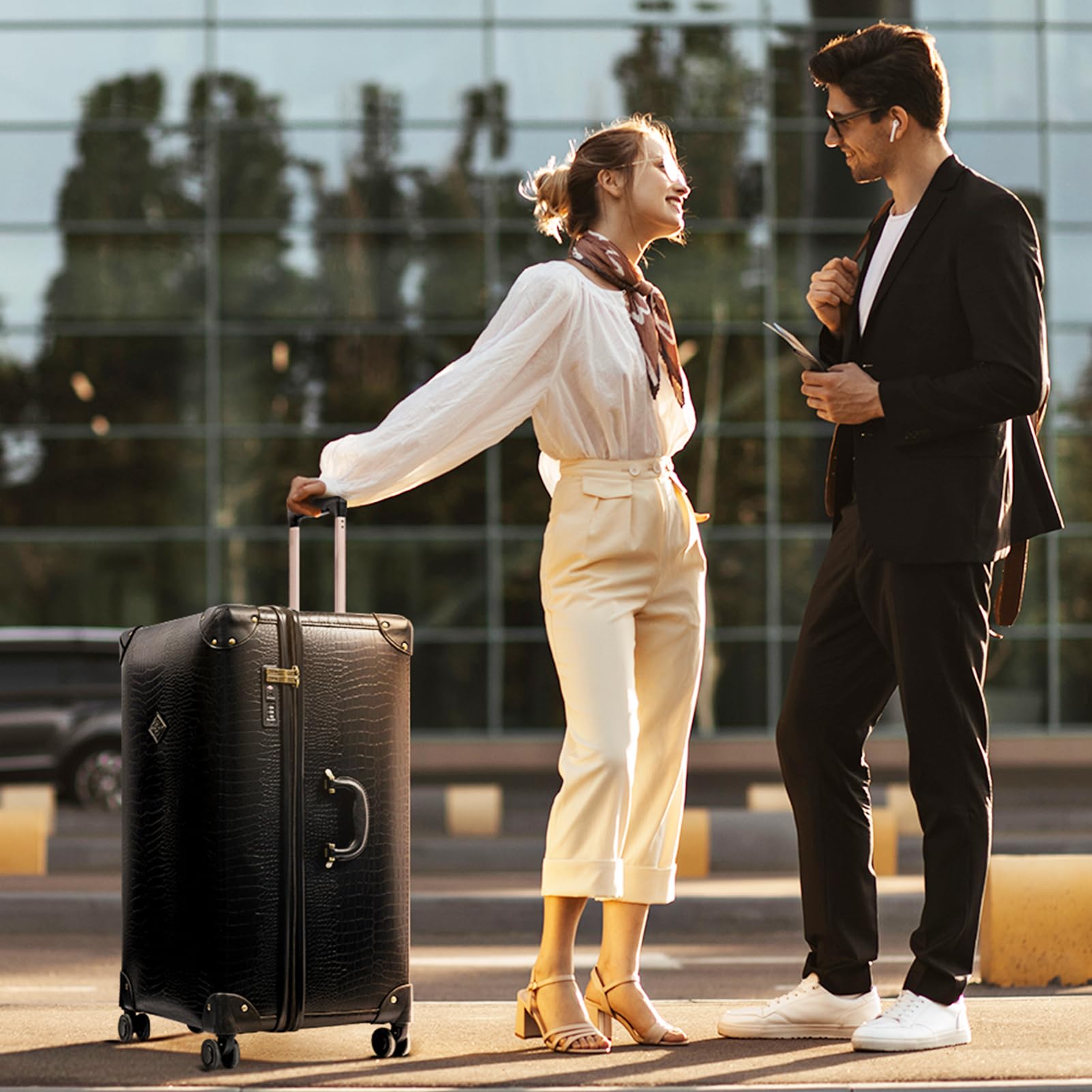 Vintage Crocodile Pattern 3-Piece Faux Leather Luggage Set - 20/24/28 Inch Hardside Spinner Suitcases with TSA Lock & Rose Gold Telescopic Handle, Black - Perfect for Business Travel, Vacation & Airplane Carry-On
