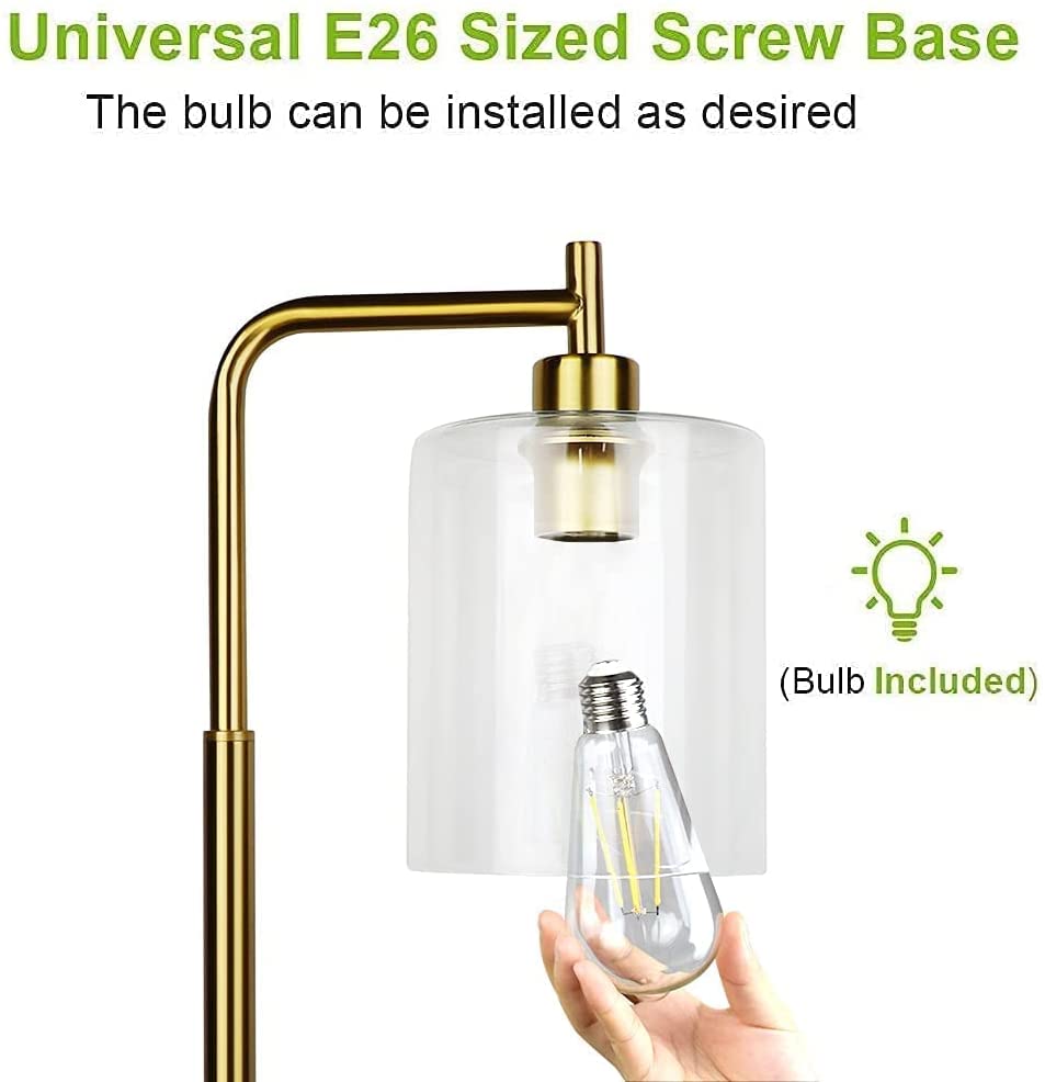 Modern Farmhouse Floor Lamp - Tall Metal Reading Light with Hanging Glass Shade, Industrial Standing Pole Lamp in Brass Finish for Living Room, Bedroom & Office (Bulb Included) | Perfect for Cozy Reading Nooks, Home Office Lighting & Bedside Illumination