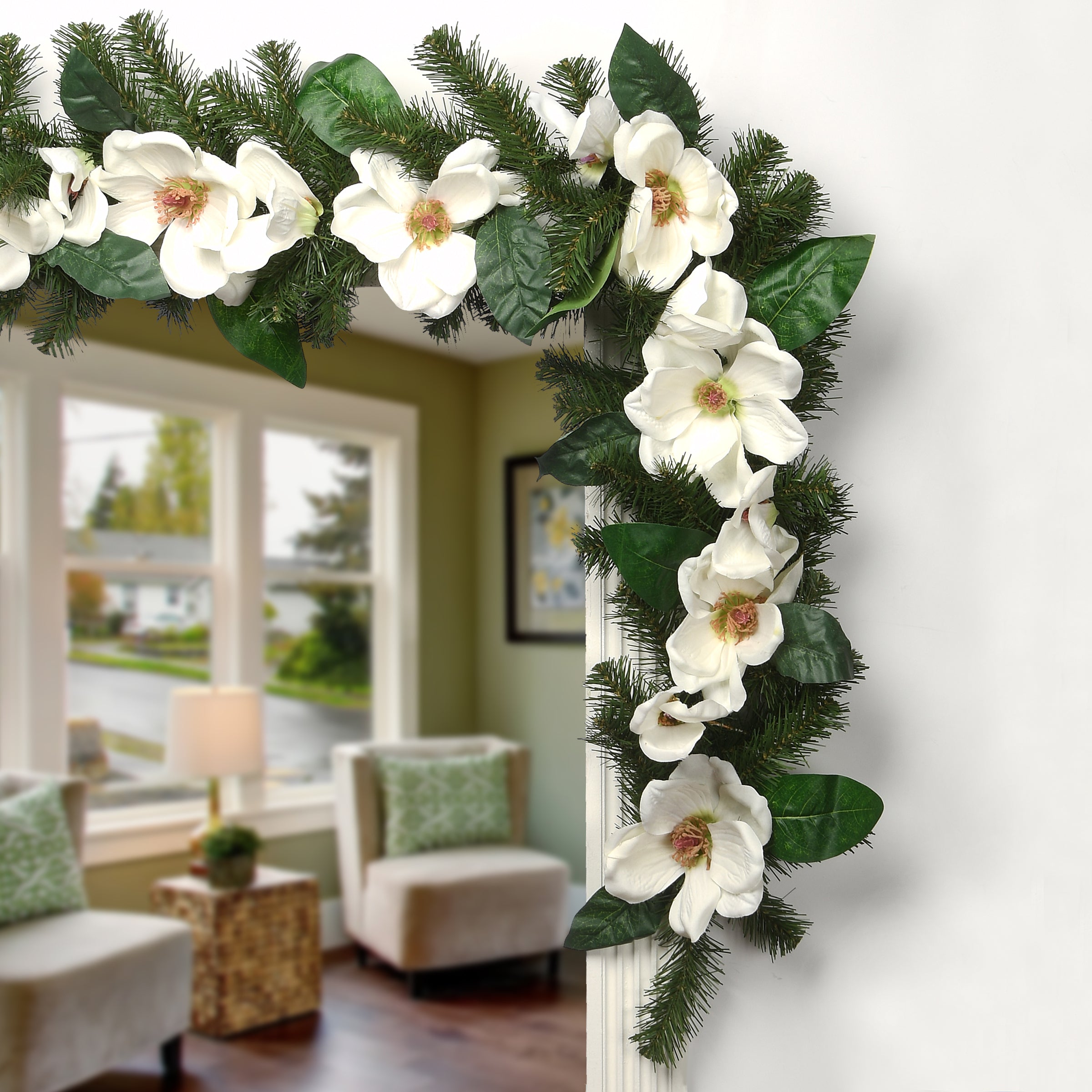 6 ft. Spring Garland with North Valley Spruce & Magnolia Flowers - Perfect for Home Decor, Weddings, and Seasonal Party Decorations