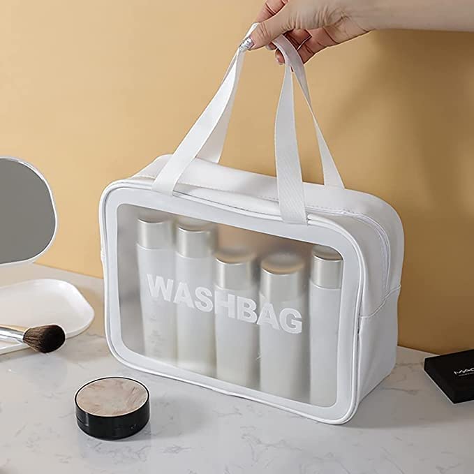 Salepush Clear Toiletry Bag - Transparent Cosmetic Wash Bag with Zipper, Travel Makeup Organizer for Women & Men, Waterproof Grooming Kit & Jewelry Pouch - Perfect for Air Travel, Gym, Camping & Daily Use (White)