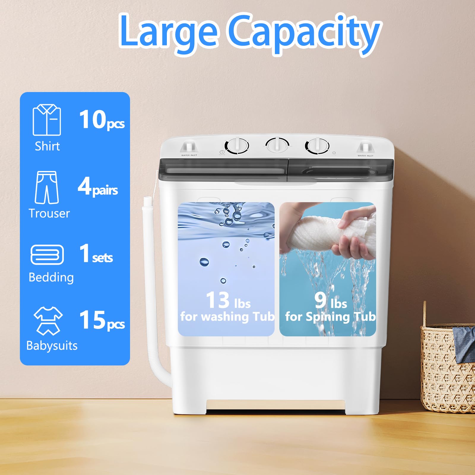 Compact Semi-Automatic Twin Tub Washing Machine - 22lbs Capacity (13lbs Wash/9lbs Spin) - Portable Laundry Solution for Camping, Apartments, Dorms, RVs & Small Spaces - Perfect for Travel, Off-Grid Living & Tiny Homes
