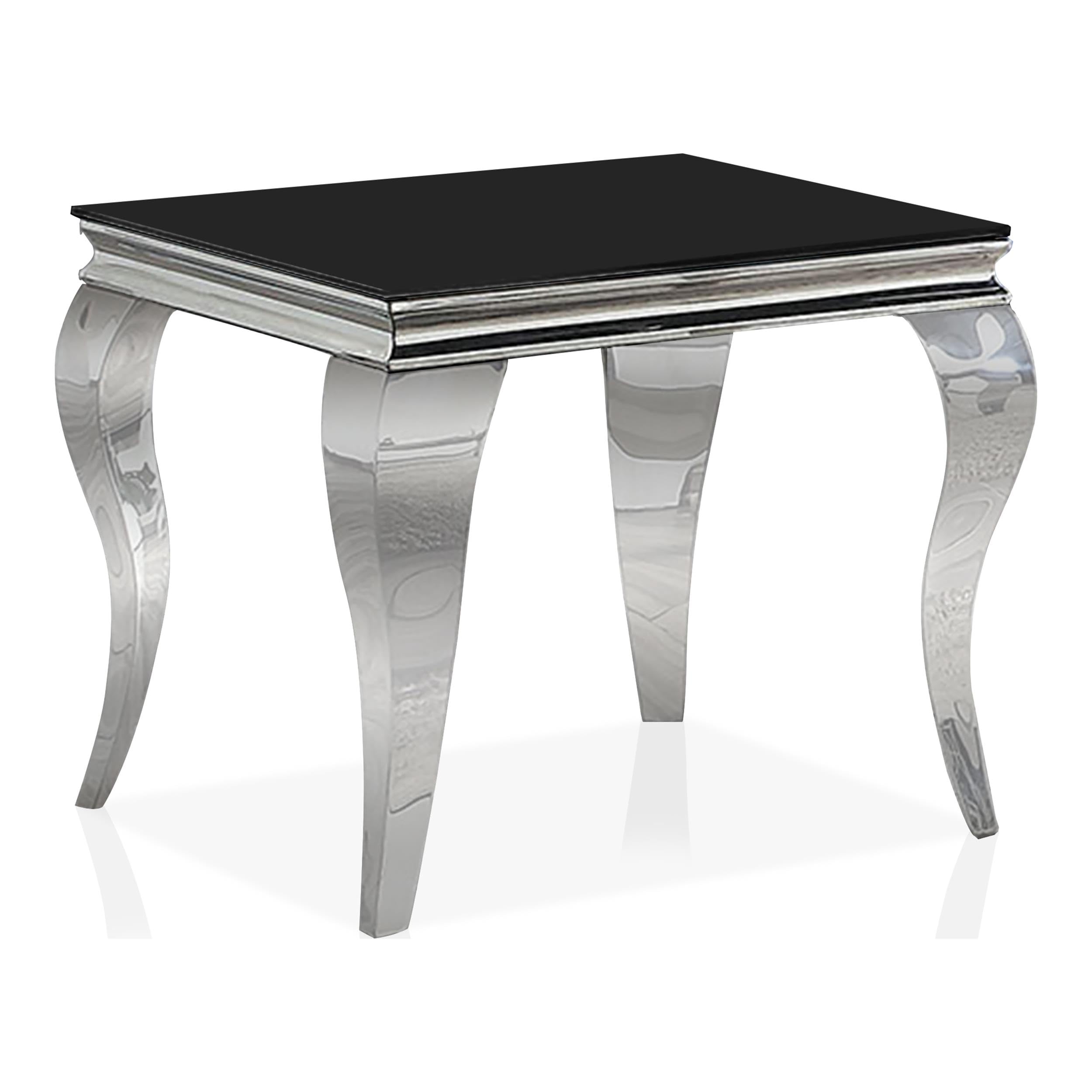 Furniture of America Alang Glam Glass Top End Table - Black & Silver Accent Table for Living Room, Bedroom, or Office Decor