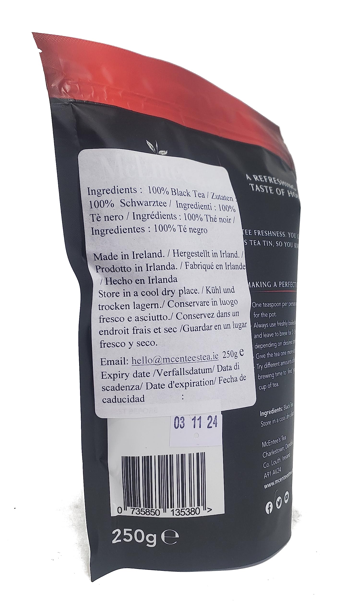 Premium McEntee's Irish Loose Leaf Gold Blend Tea - 250g Refill Bag (Pack of 4) | Authentic Assam & Kenyan Black Tea Blend | Handcrafted in Ireland | Perfect for Afternoon Tea, Gifts & Relaxation