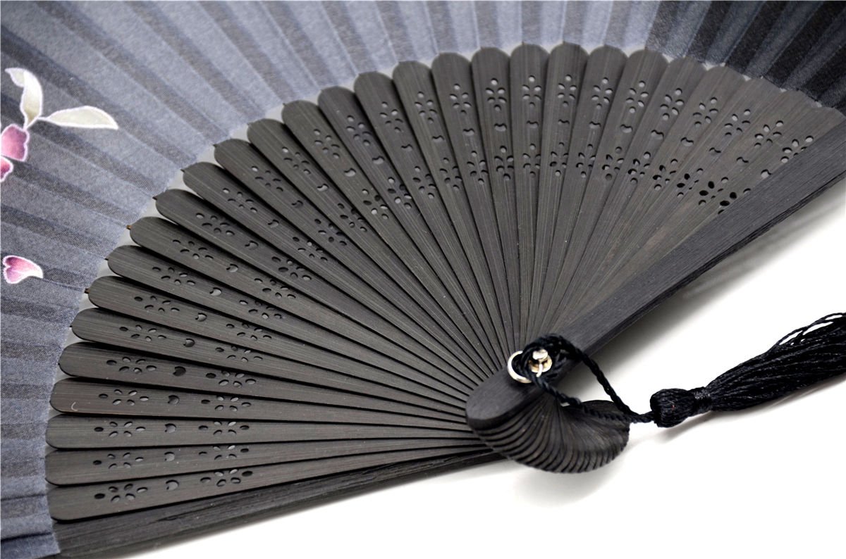 OMyTea Handmade Silk Folding Fan with Bamboo Frame - Vintage Chinese/Japanese Style Handheld Fan for Women - Gift Ready with Protective Fabric Sleeve - Perfect for Weddings, Cosplay & Summer Cooling (Black)