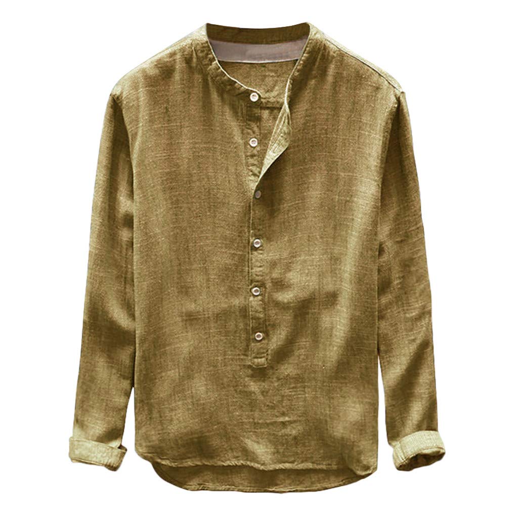 Men's Solid Color Cotton Linen Henry Collar Long Sleeve Shirt - Casual Button Down Loose Fit Blouse for Autumn Winter (Sizes L-4XL) | Perfect for Office Wear, Date Nights & Casual Outings