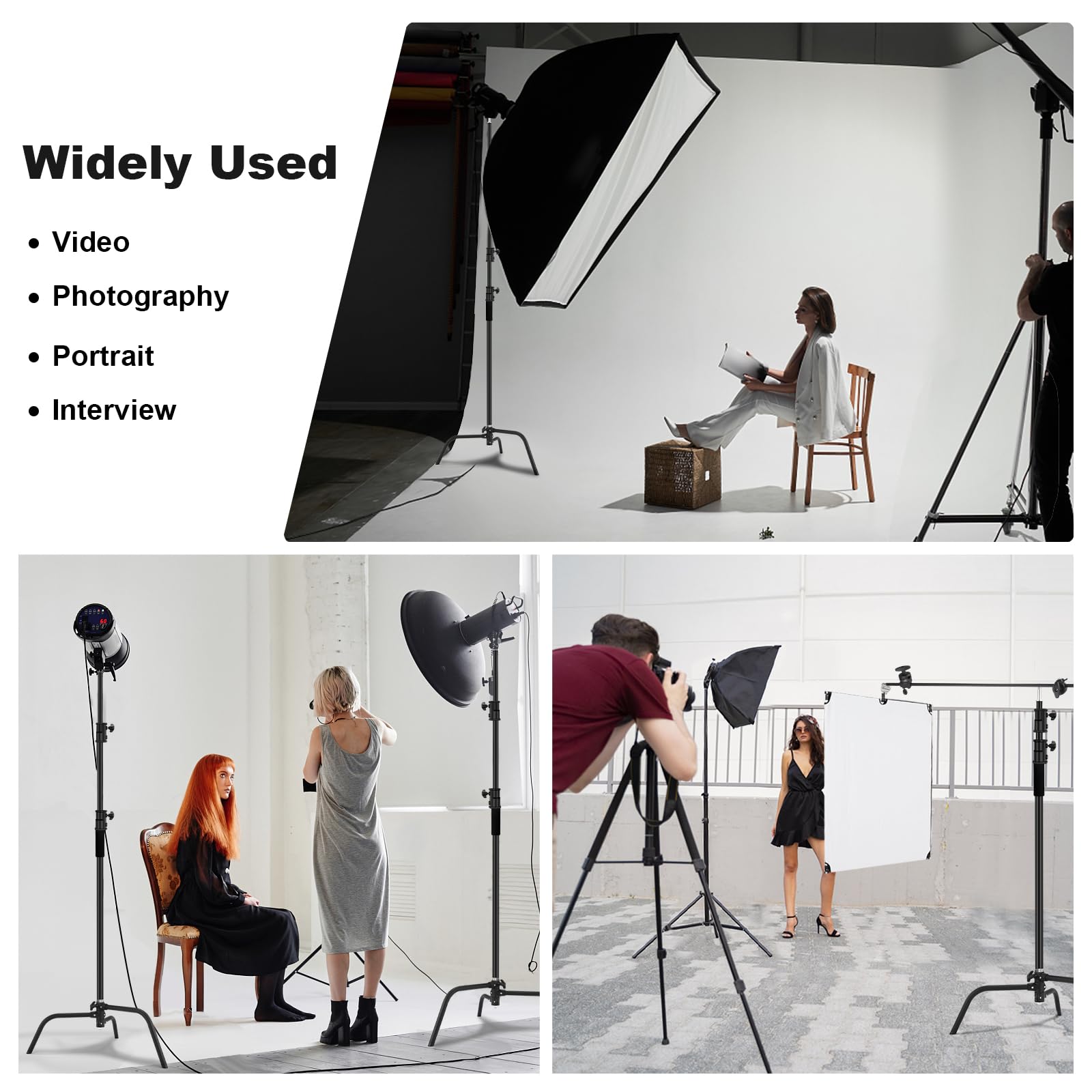 Heavy Duty 10.8ft/330cm Stainless Steel C Stand with 4.2ft/128cm Holding Arm & Carry Bag - 44LB/20KG Load Capacity Adjustable Studio Light Stand for Photography, Video, Monolight & Softbox Shooting - Perfect for Studio, Outdoor & On-Location Productions