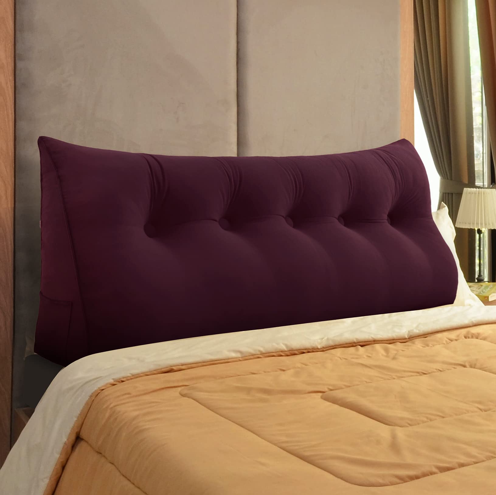 WOWMAX Ergonomic Headboard Pillow for California King Bed - Velvet Upholstered Wedge Pillow (Wine Red) | No Assembly Wall Support | Perfect for Reading, Watching TV & Back Support in Bedroom