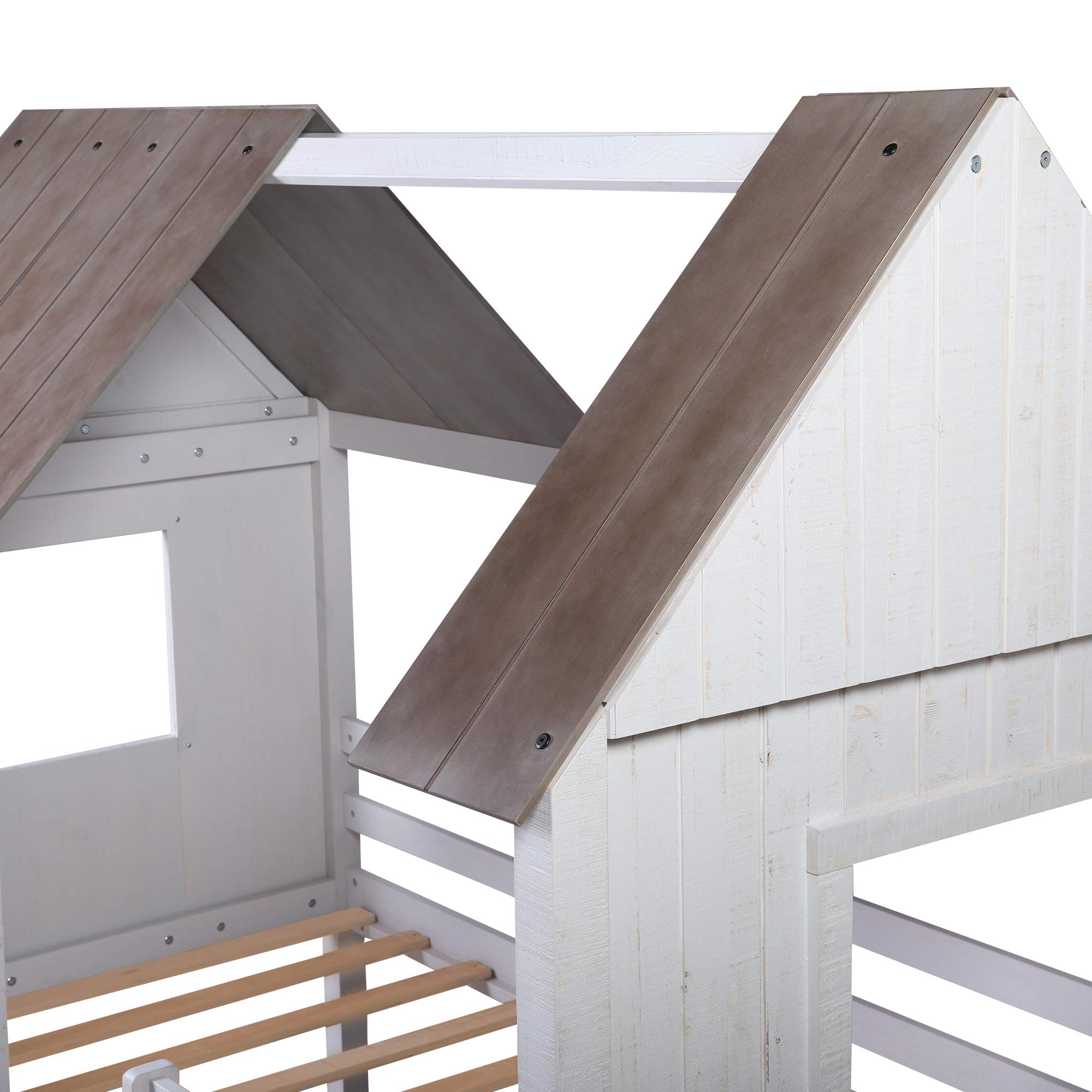 **Twin Size Low Loft Bed for Kids - Wooden House Bed Frame with Side Windows, Roof & Full-Length Safety Rails - Sturdy Ladder Included (Antique White) - Perfect for Small Bedrooms, Playrooms & Sleepovers**