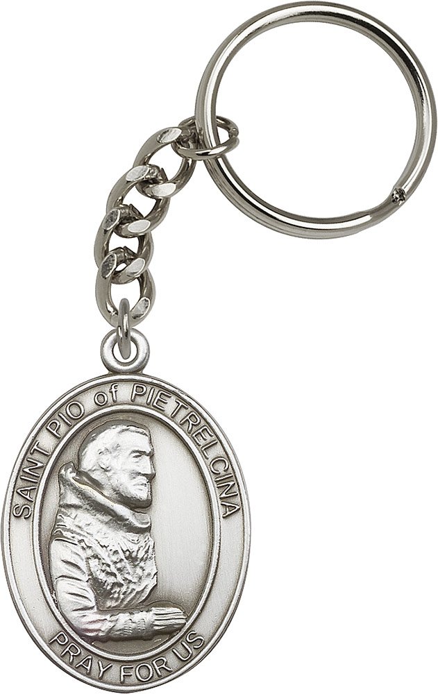 Antique Silver-Plated St. Pio of Pietrelcina Keychain - 1 7/8 x 1 1/4 Inches - Religious Jewelry Gift for Catholics - Perfect for Prayer, Travel & Everyday Carry