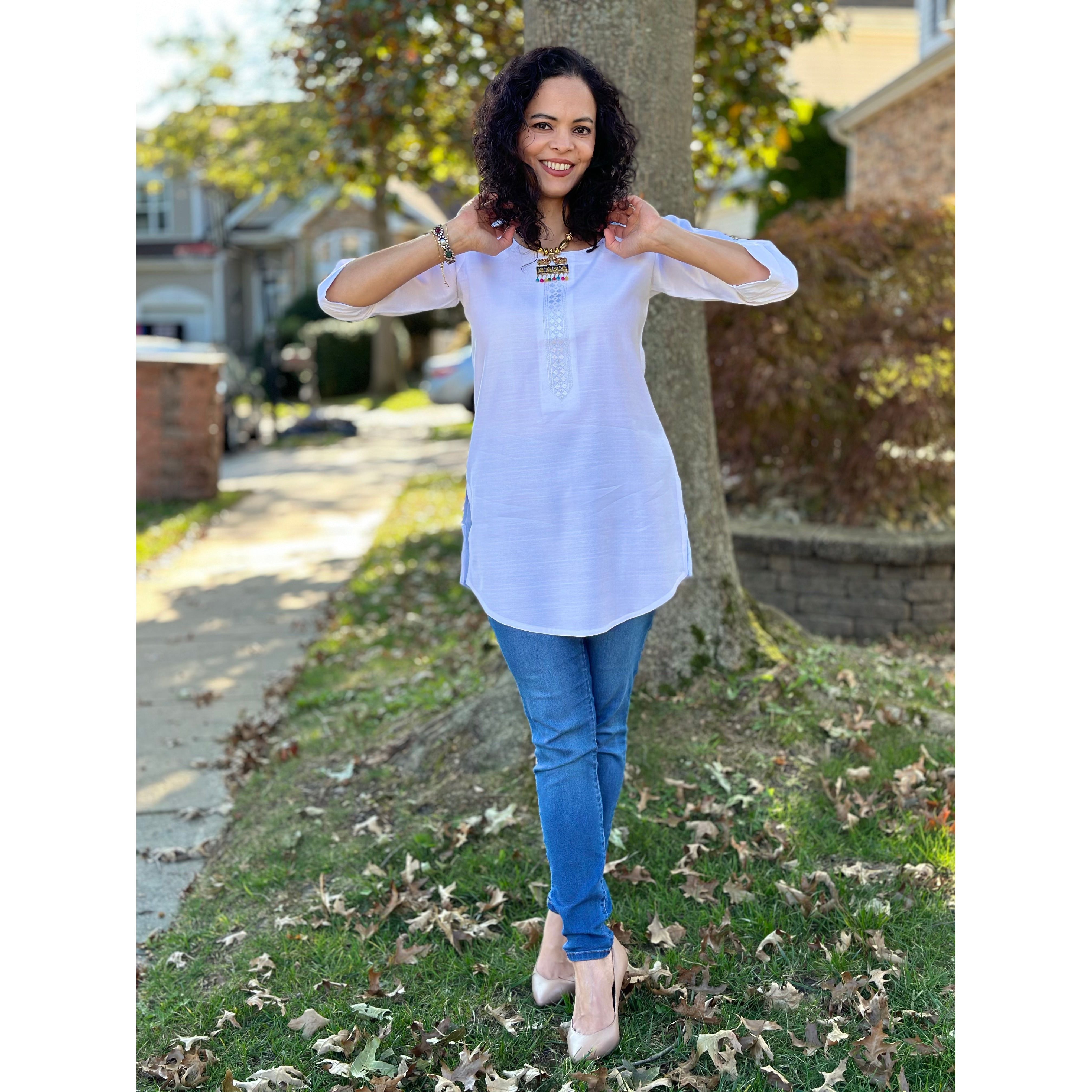 Elegant White Short Kurta for Women - Comfortable Cotton Summer Tunic Top - Perfect for Casual Wear, Festivals & Boho Outfits