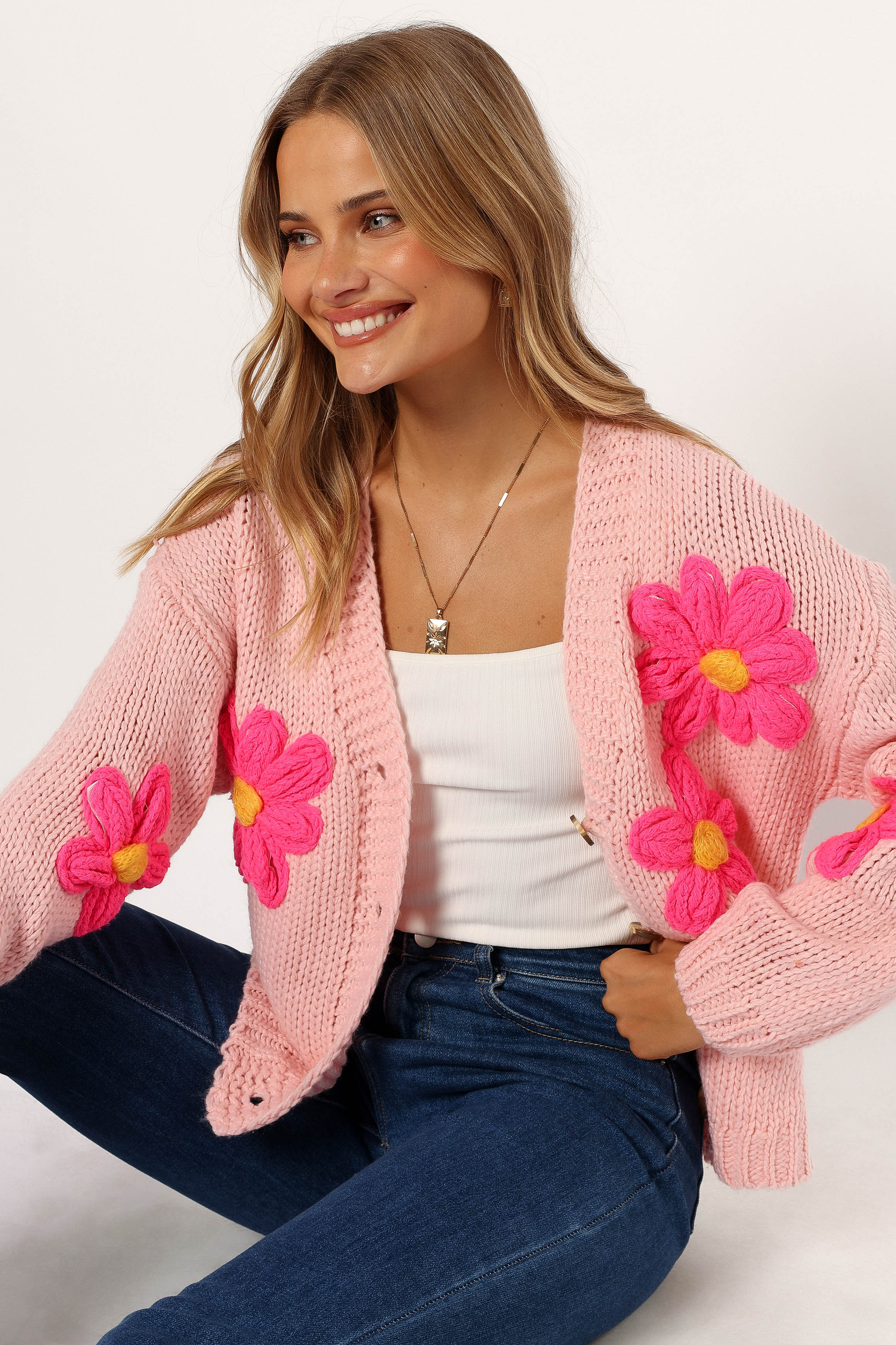 Elegant Clementine Flower Embroidered Open Front Cardigan - Soft Pink Knit Sweater for Women | Perfect for Spring Outfits & Casual Wear