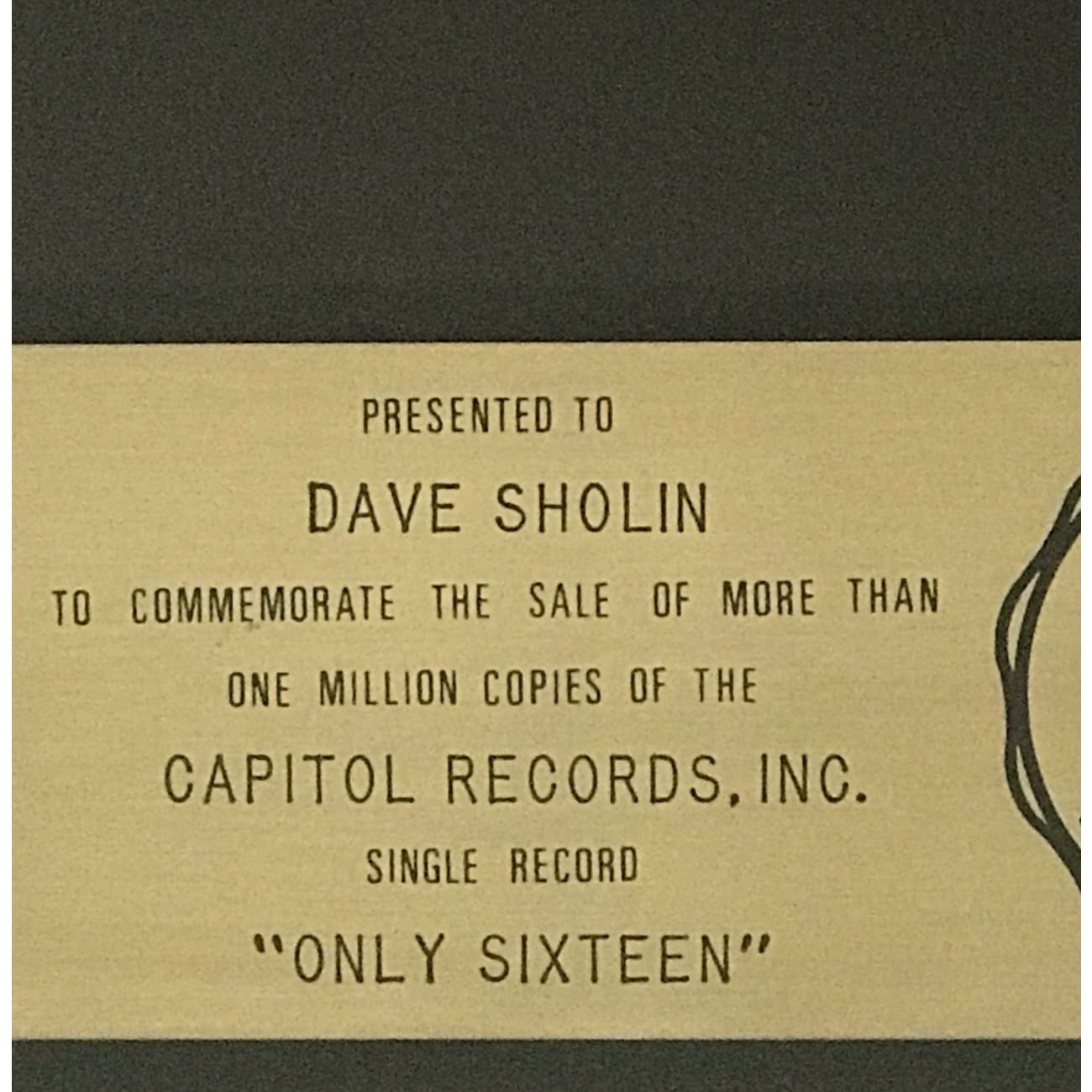 Dr. Hook Only Sixteen RIAA Gold 45 Award - Vintage Music Collectible - Perfect for Vinyl Enthusiasts & Retro Music Displays