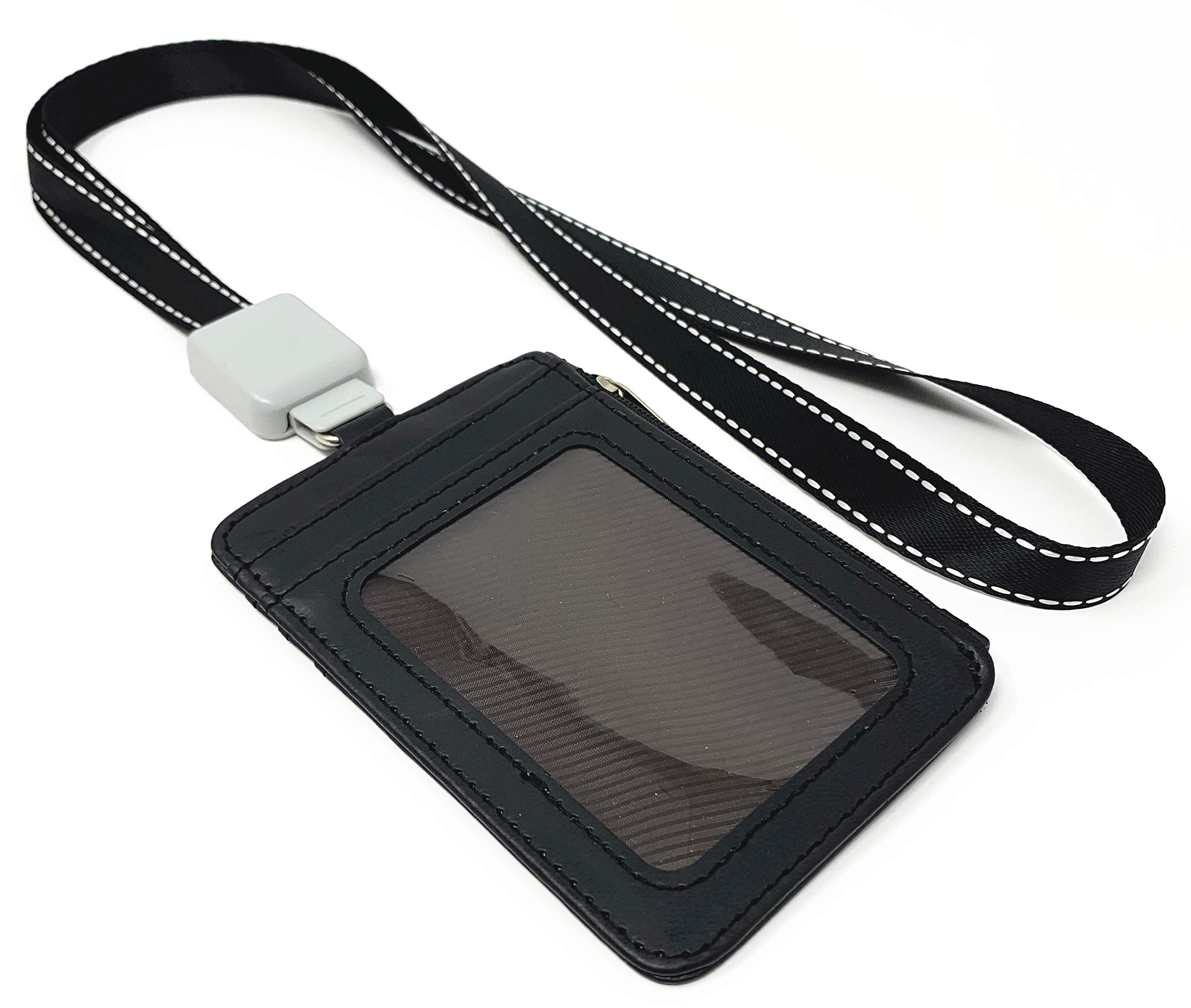 PU Leather Vertical ID Badge Holder with Zip - Slim Double Sided RFID Blocking Wallet Case with 5 Card Slots & Zipper Pocket - Includes Neck Lanyard & Retractable Reel (Black) - Perfect for Office, Security, Events & Conventions