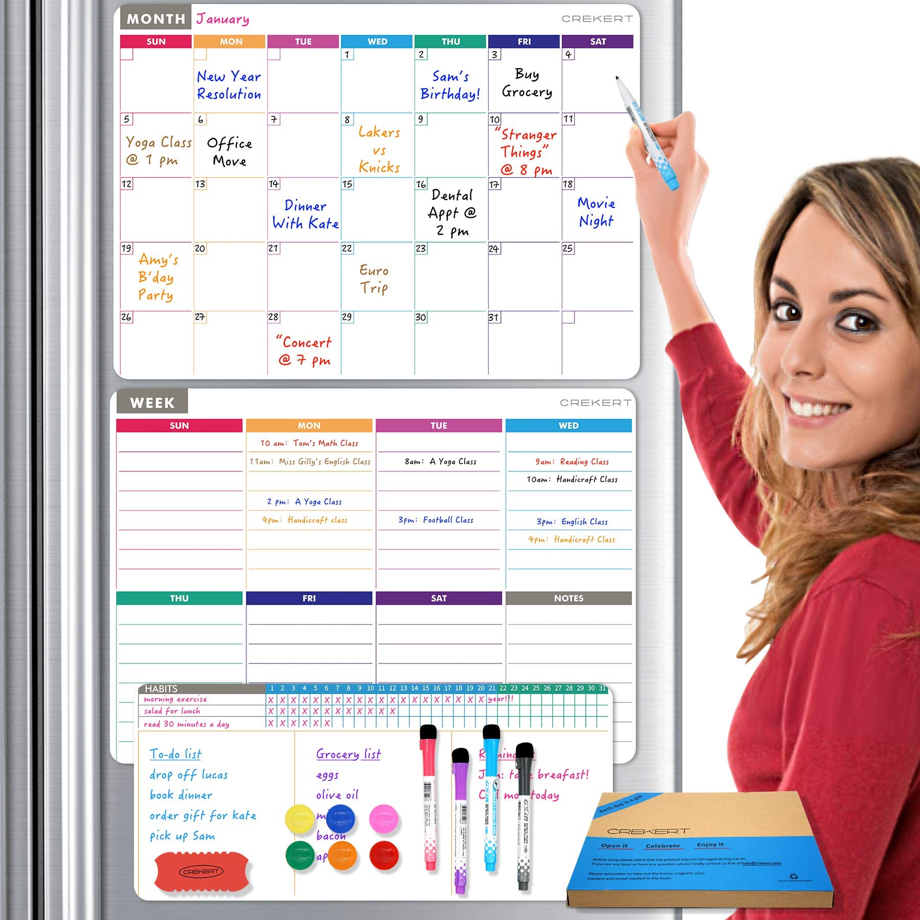 CREKERT Magnetic Dry Erase Whiteboard Set for Refrigerator - 3 Pack with 6 Magnets, 4 Markers & 1 Eraser - Monthly Weekly Planner for Kitchen, Office & Family Organization (Gift Box Included)