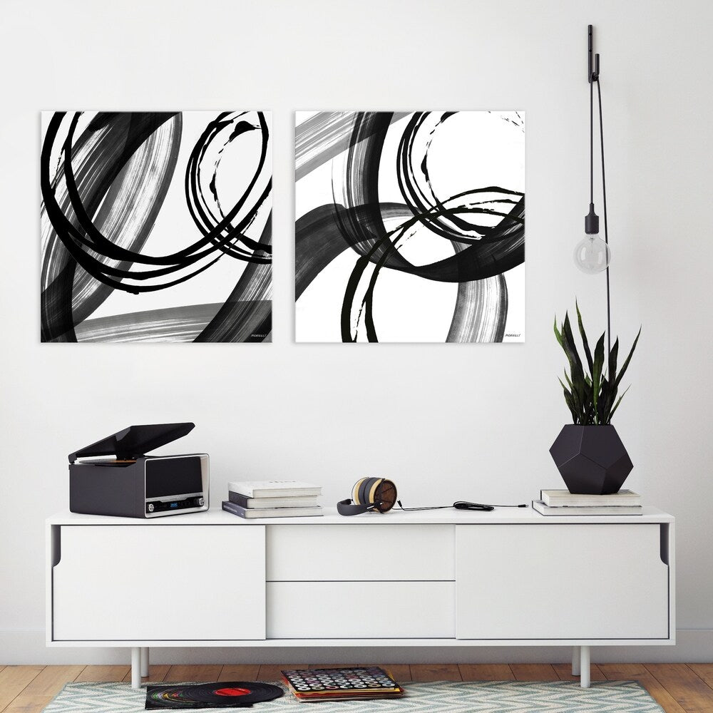 Black and White Pop Art Hand-Embellished Canvas Wall Art Set of 2 - 14x14 Inches Modern Abstract Paintings for Living Room, Bedroom & Office Decor
