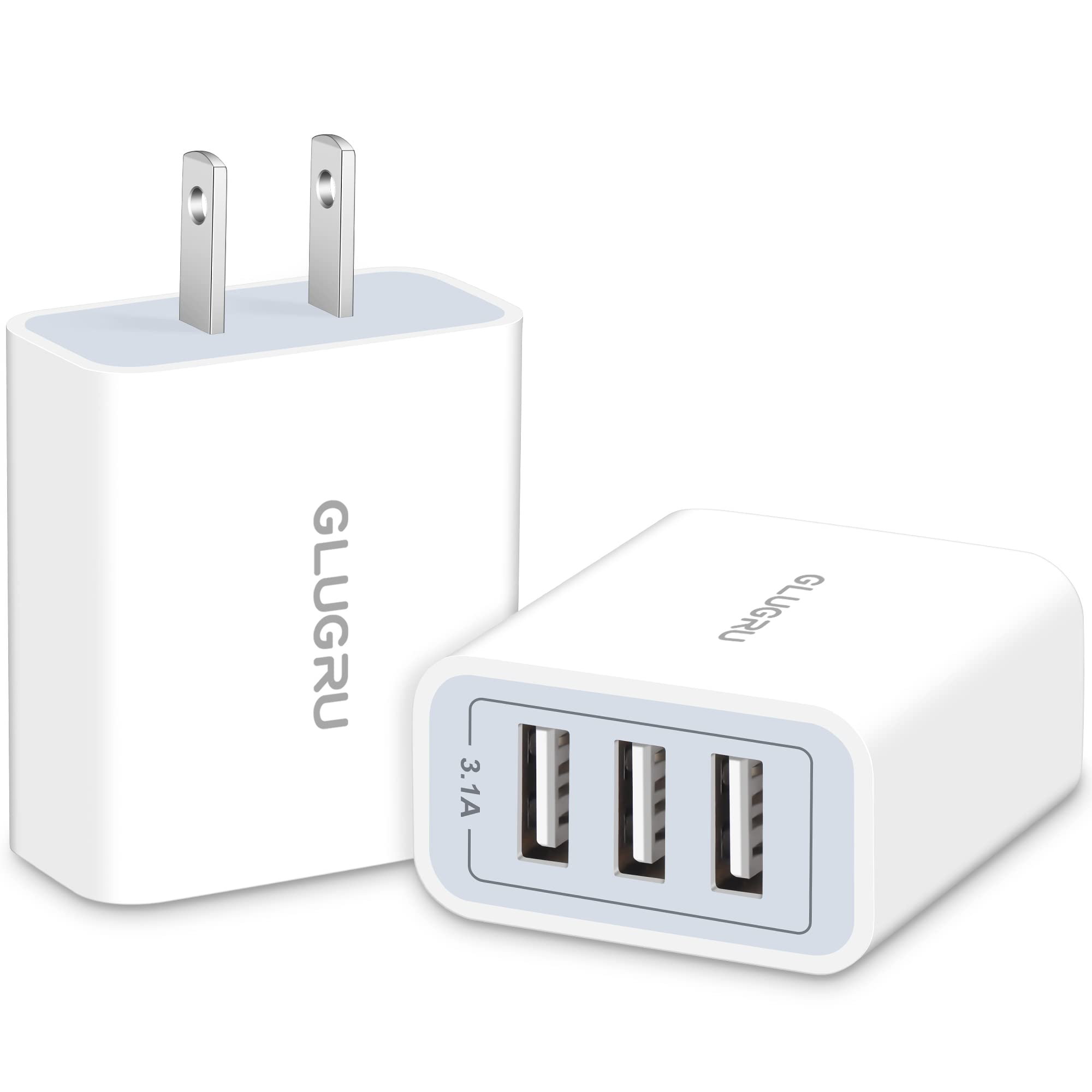GLUGRU 2-Pack 15W 3-Port USB Wall Charger Cube - Fast Charging Block for iPhone 15/14/13/12/11 Pro Max/SE/XS/XR/X/8/7/6S/6 Plus, iPad, Samsung Galaxy, LG, Android Phones - Perfect for Home, Office & Travel Charging