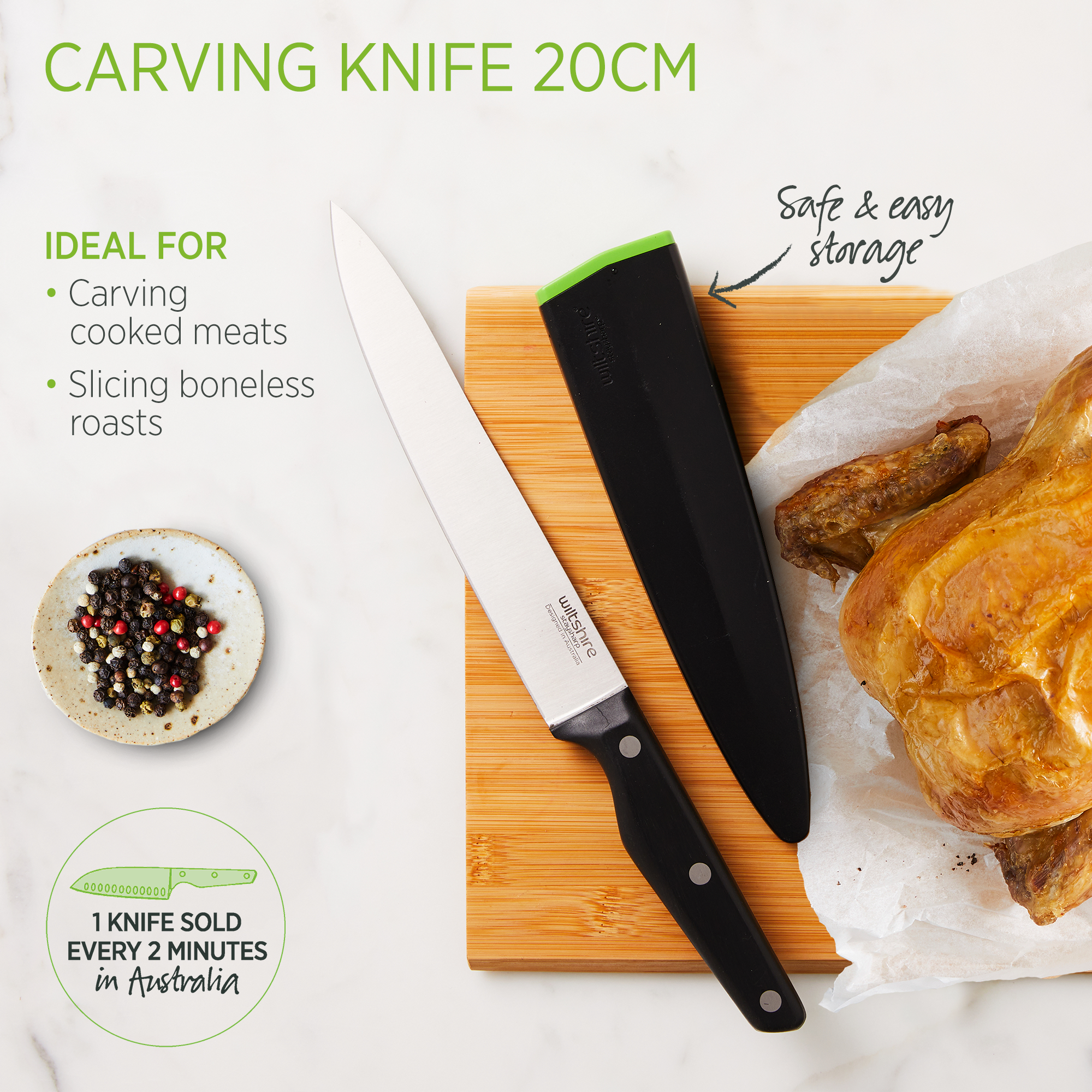 Staysharp Triple Rivet Carving Knife 20cm - Professional Kitchen Knife for Meat, Roast & BBQ - Perfect for Chefs & Home Cooking